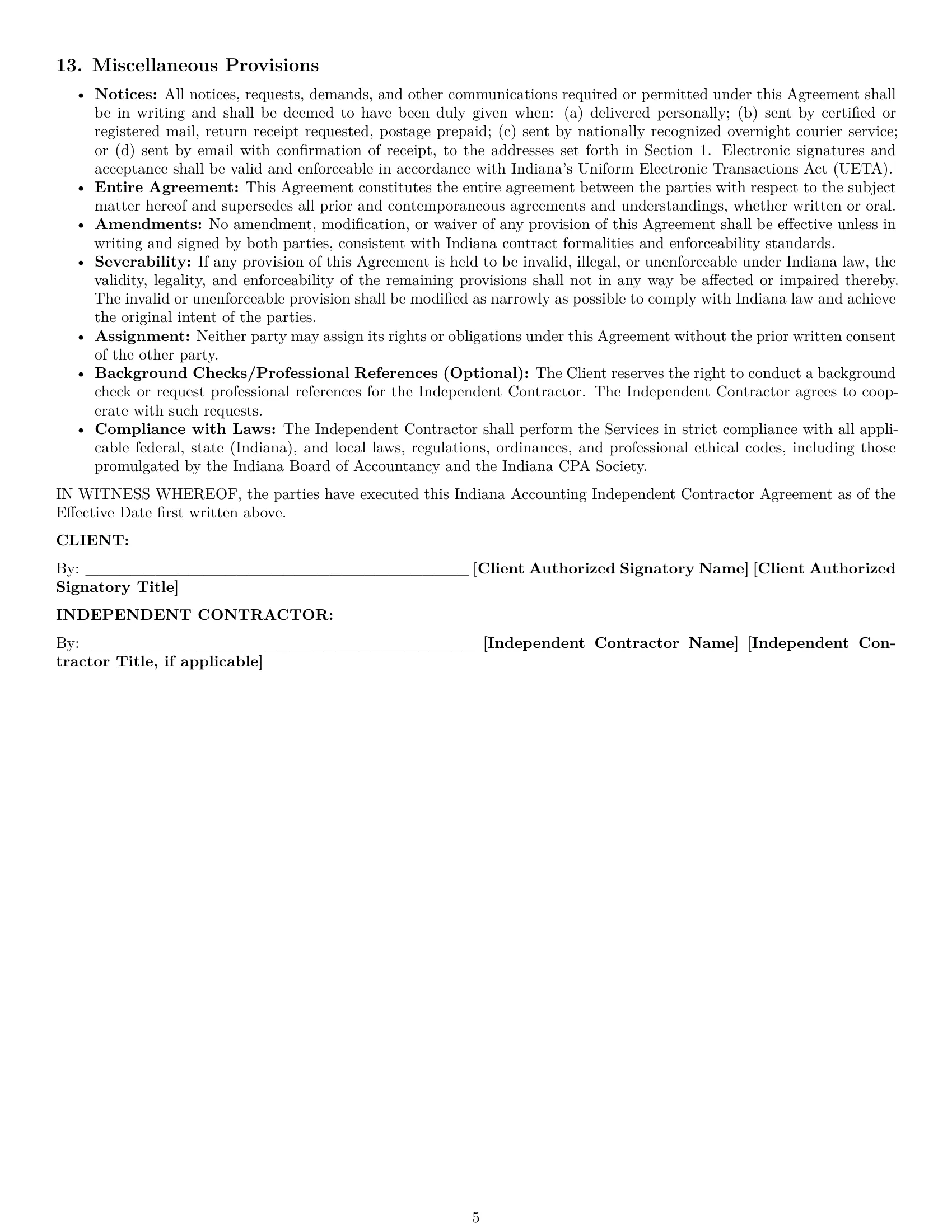 Preview page 5 of Pro Indiana accounting independent contractor agreement template