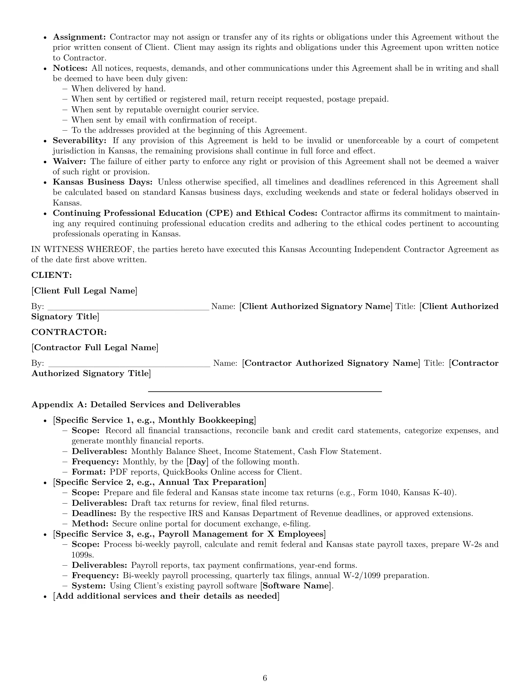 Preview page 6 of Pro Kansas accounting independent contractor agreement template