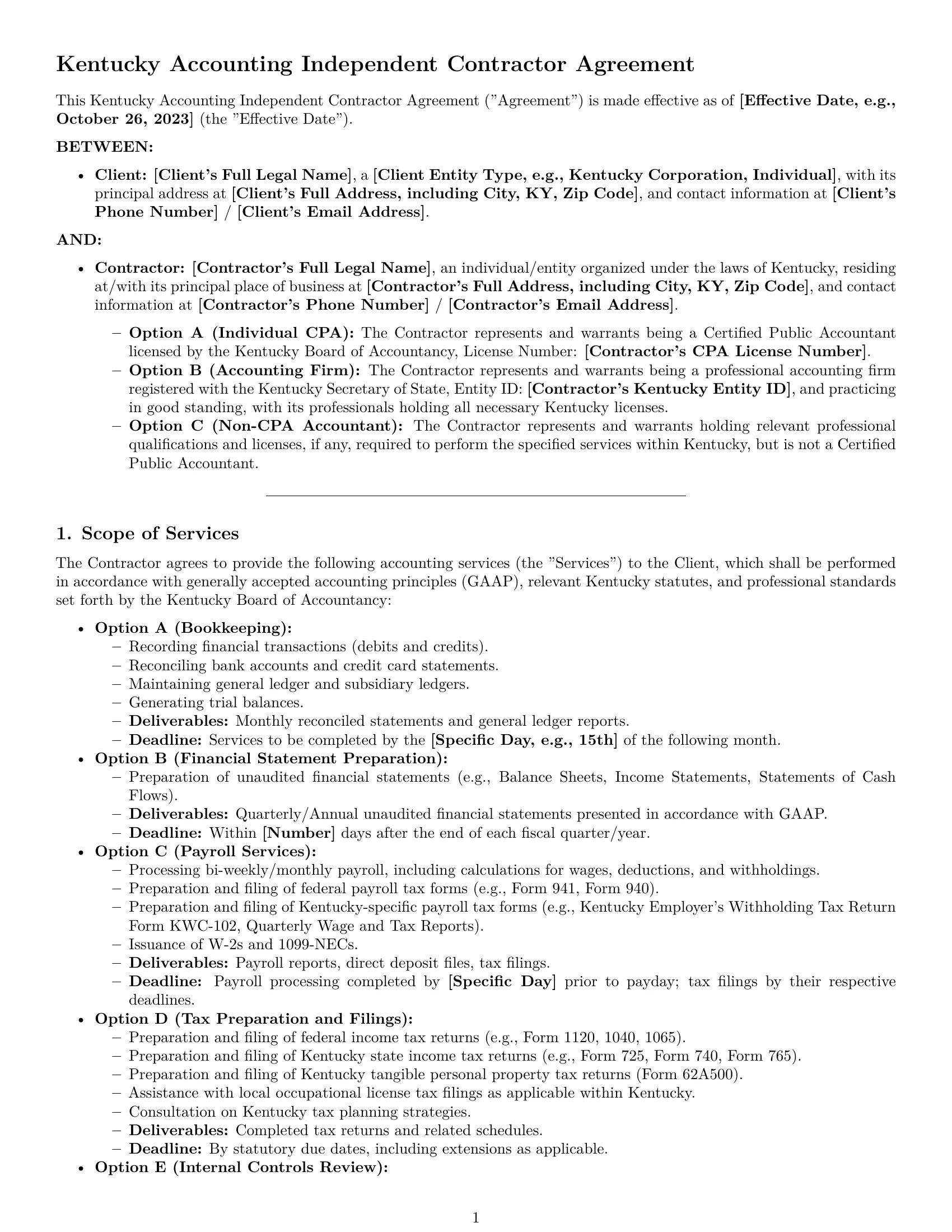 Preview page 1 of Pro Kentucky accounting independent contractor agreement template
