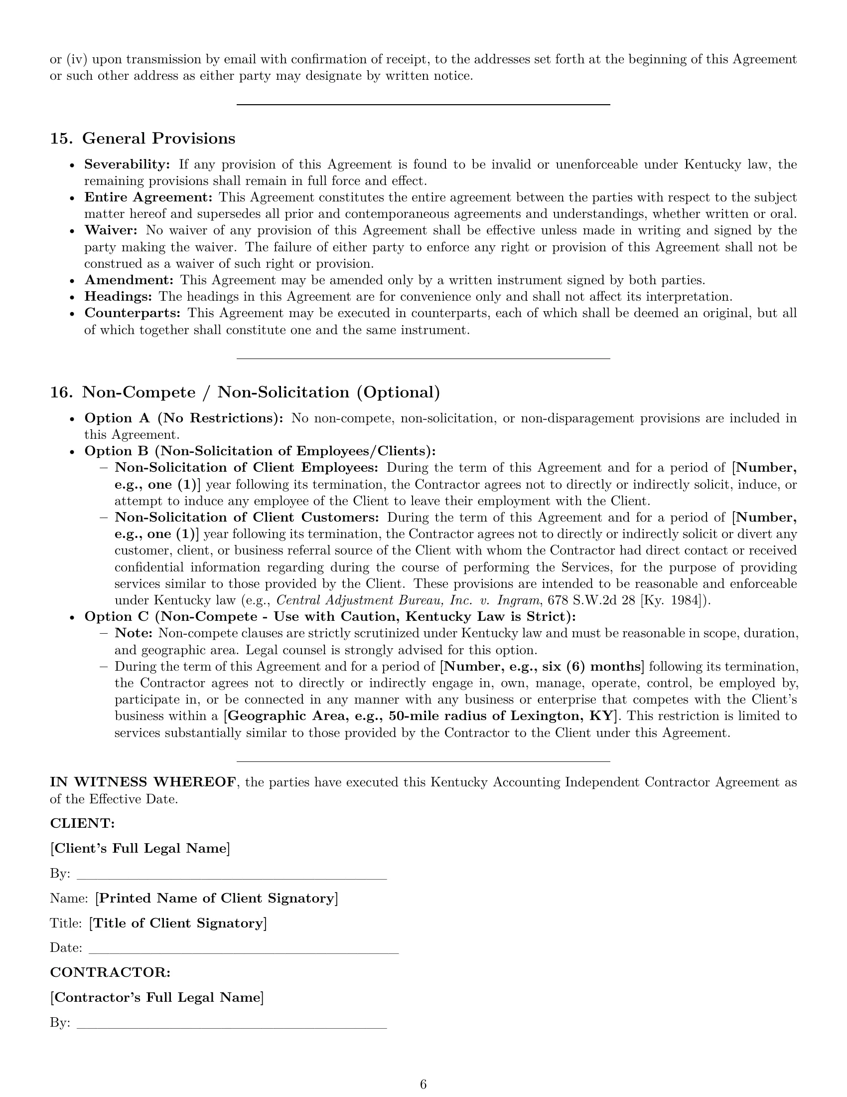 Preview page 6 of Pro Kentucky accounting independent contractor agreement template