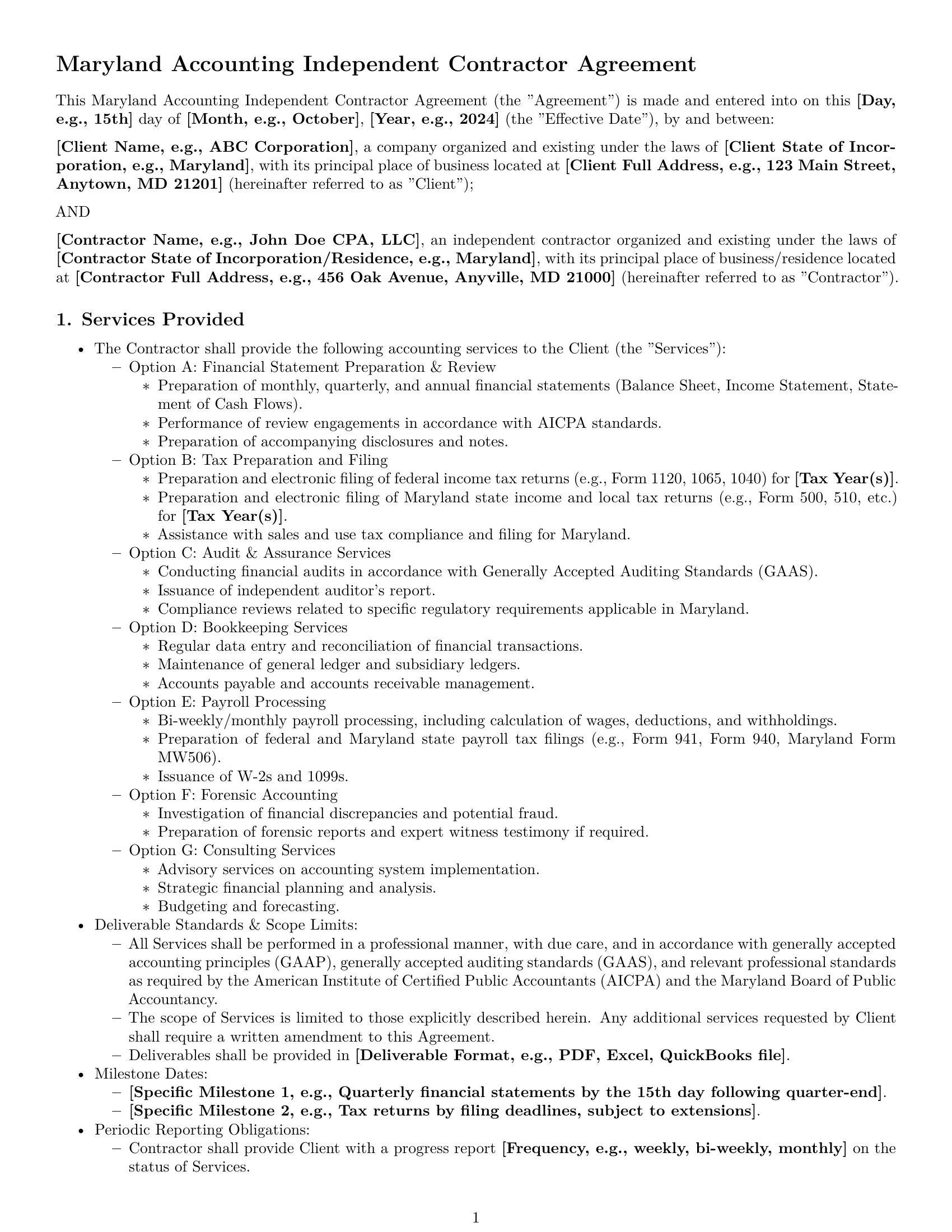 Preview page 1 of Pro Maryland accounting independent contractor agreement template
