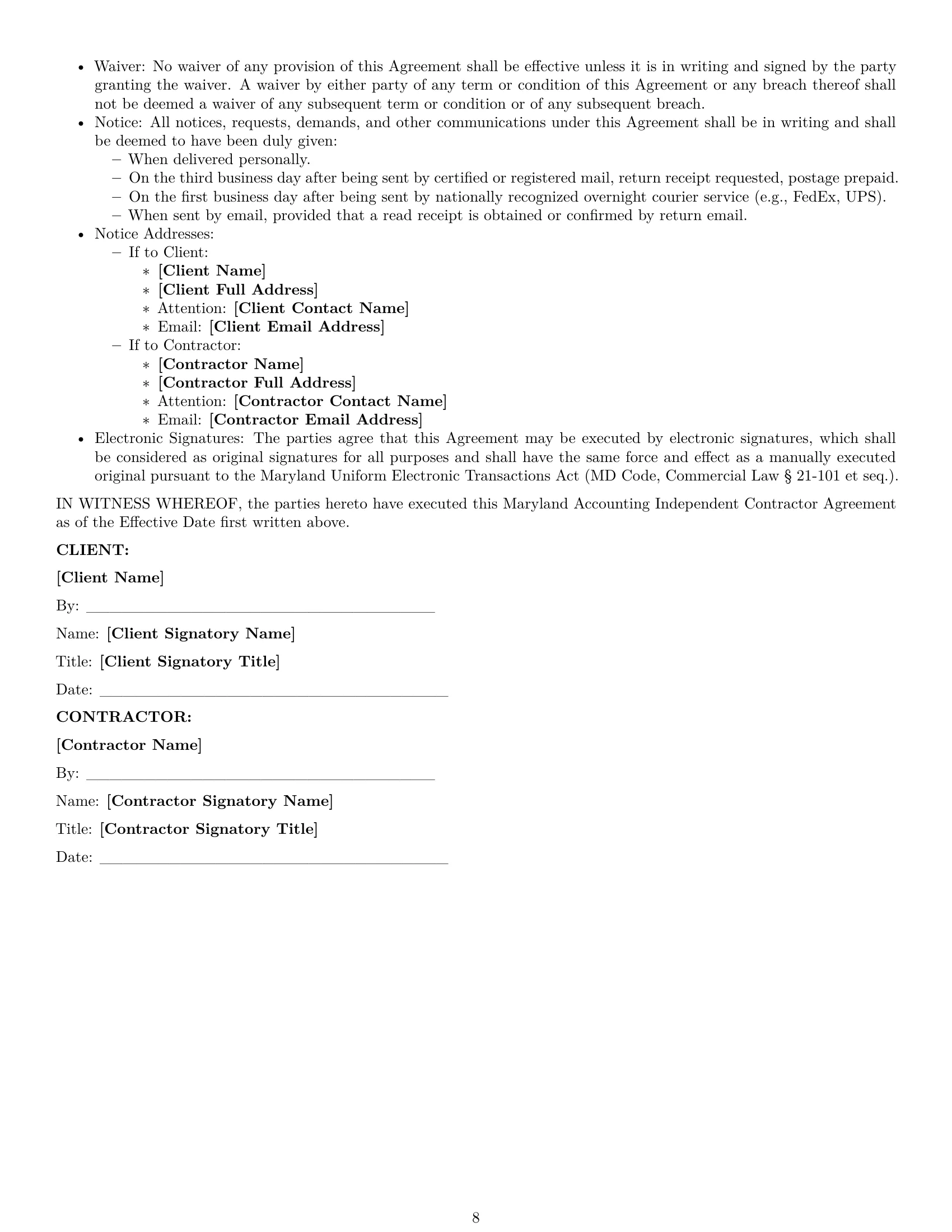 Preview page 8 of Pro Maryland accounting independent contractor agreement template
