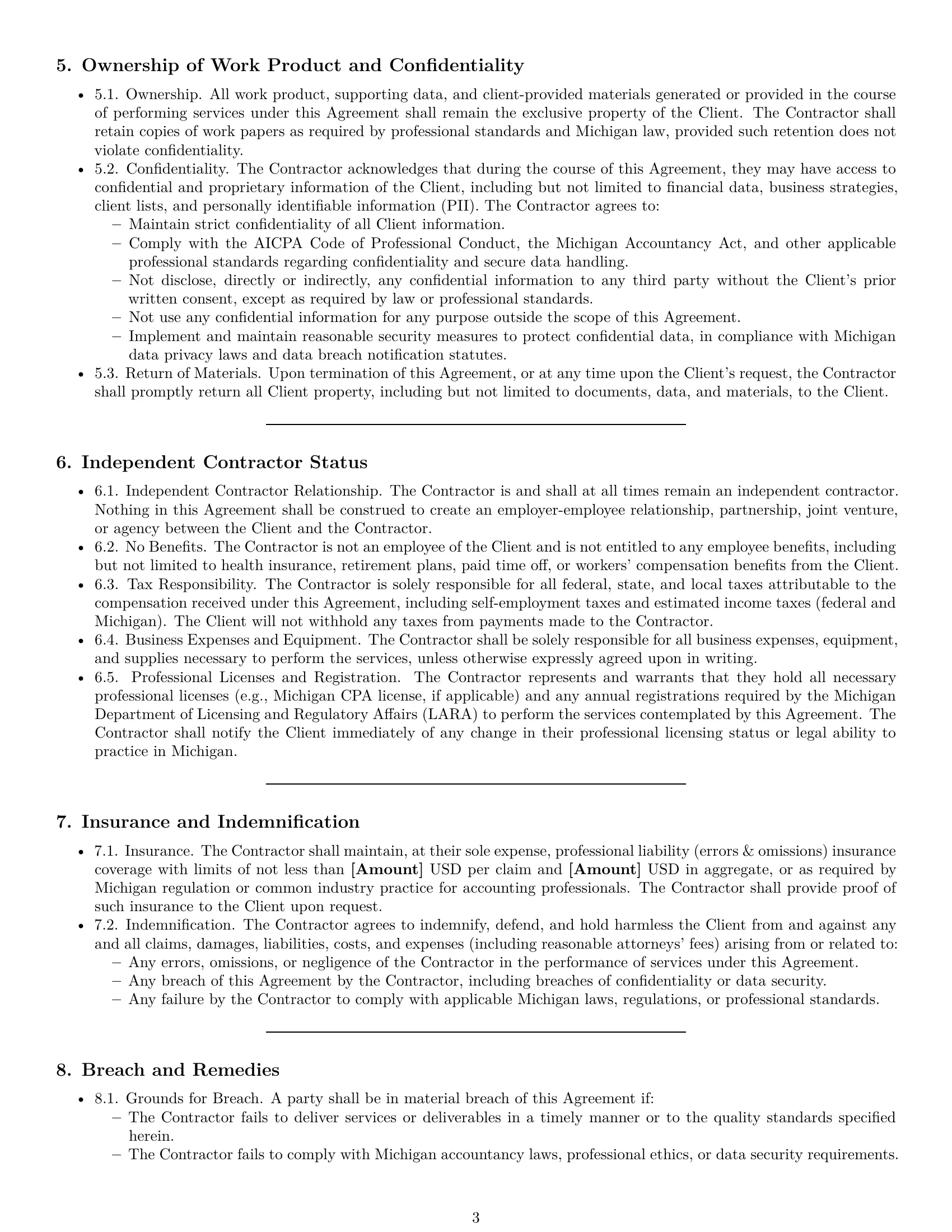 Preview page 3 of Pro Michigan accounting independent contractor agreement template