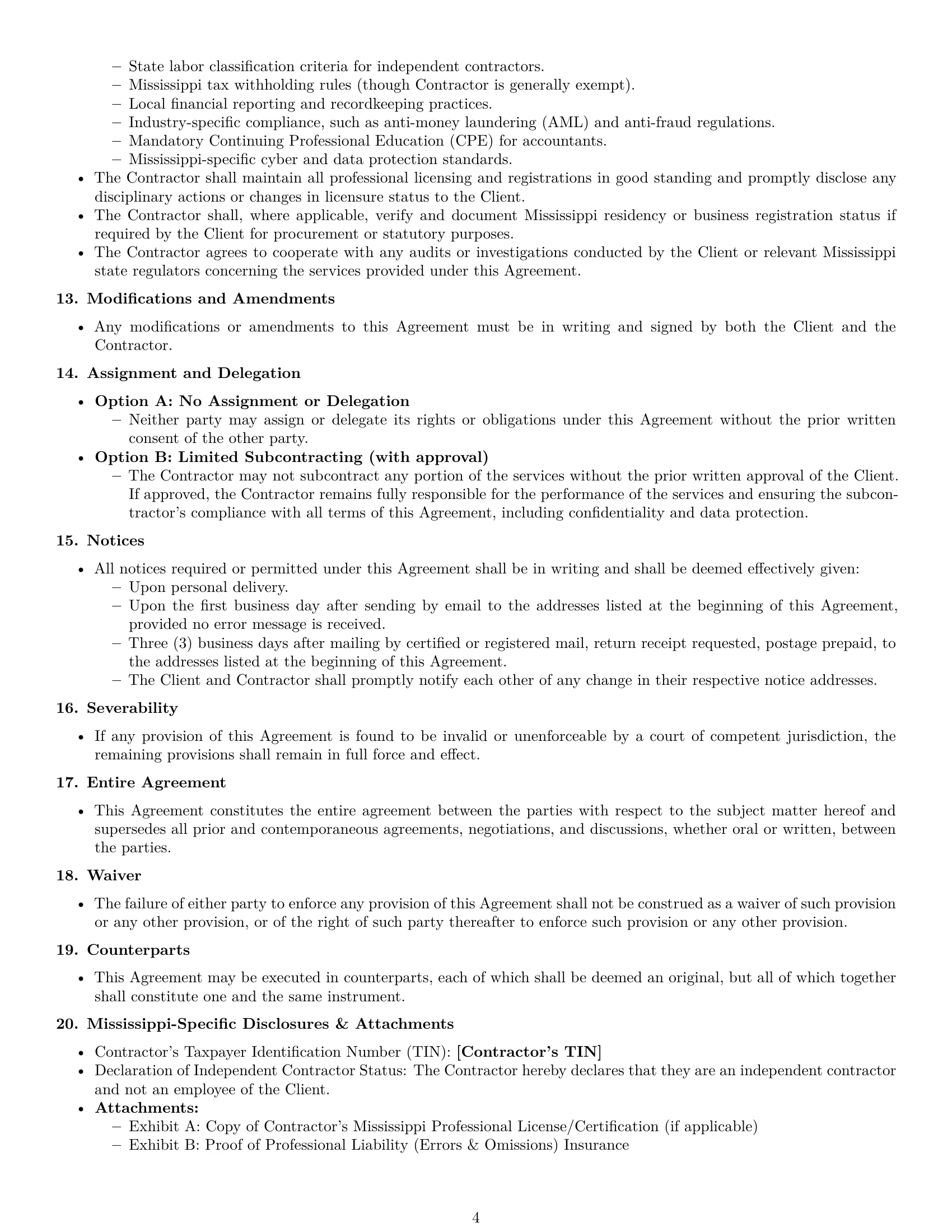 Preview page 4 of Pro Mississippi accounting independent contractor agreement template