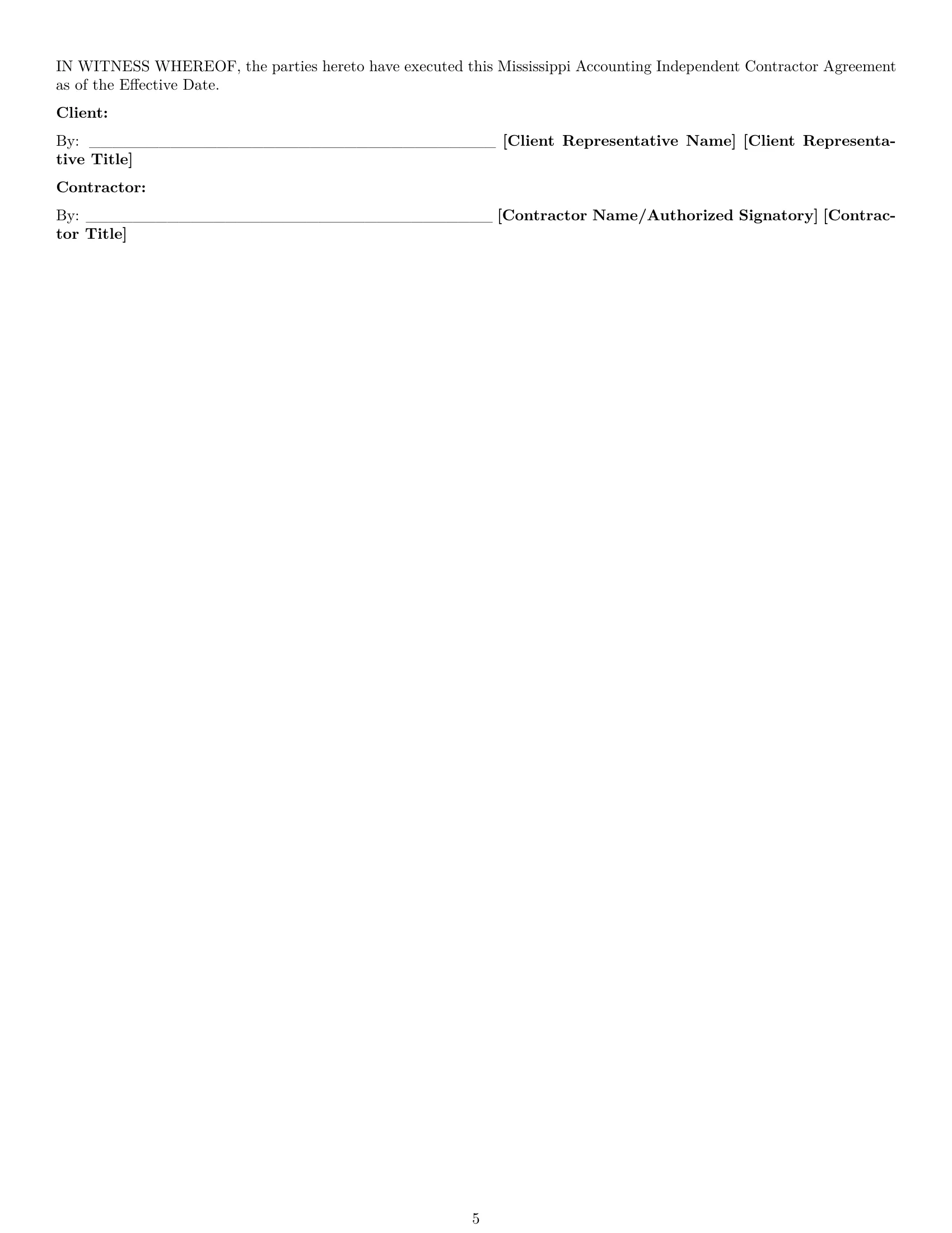 Preview page 5 of Pro Mississippi accounting independent contractor agreement template