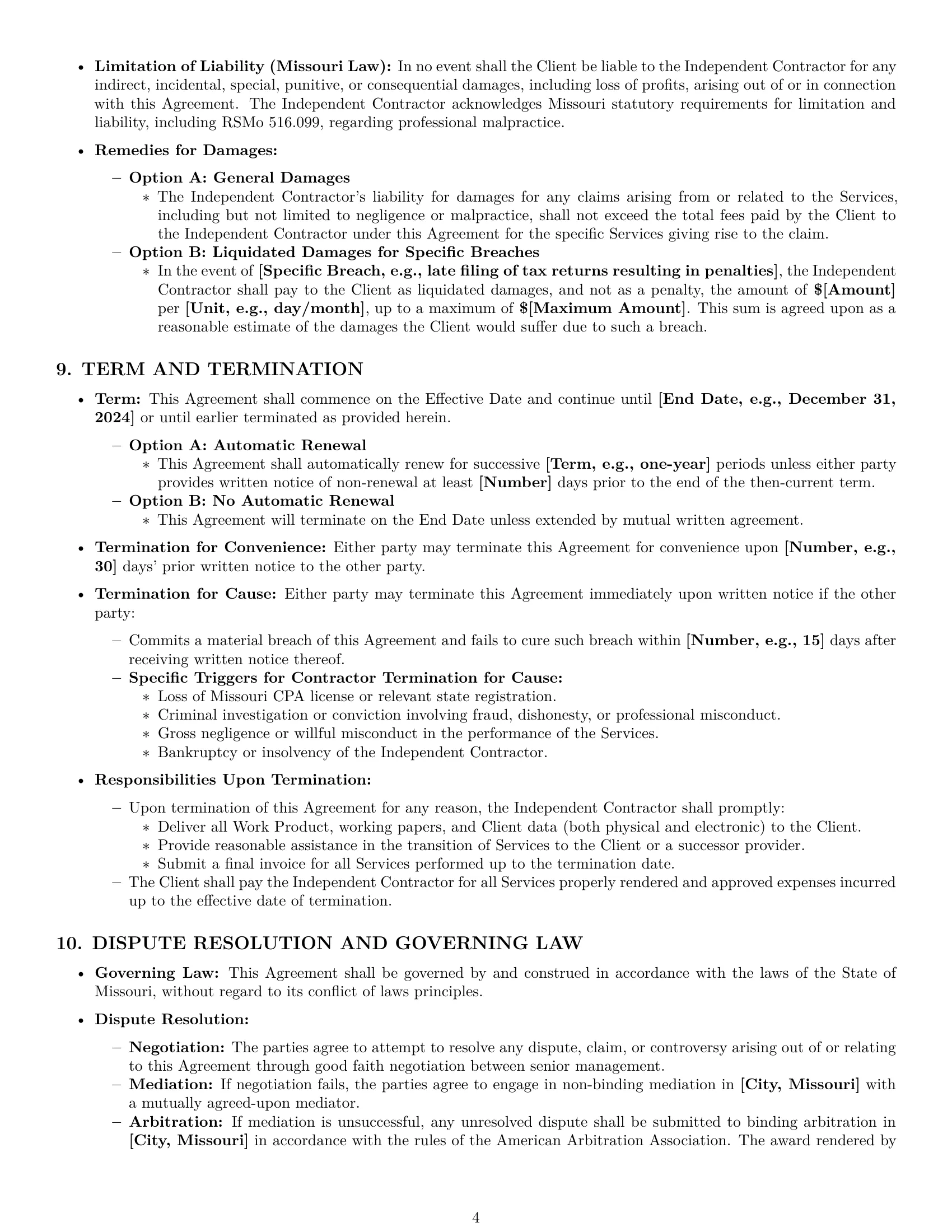 Preview page 4 of Pro Missouri accounting independent contractor agreement template