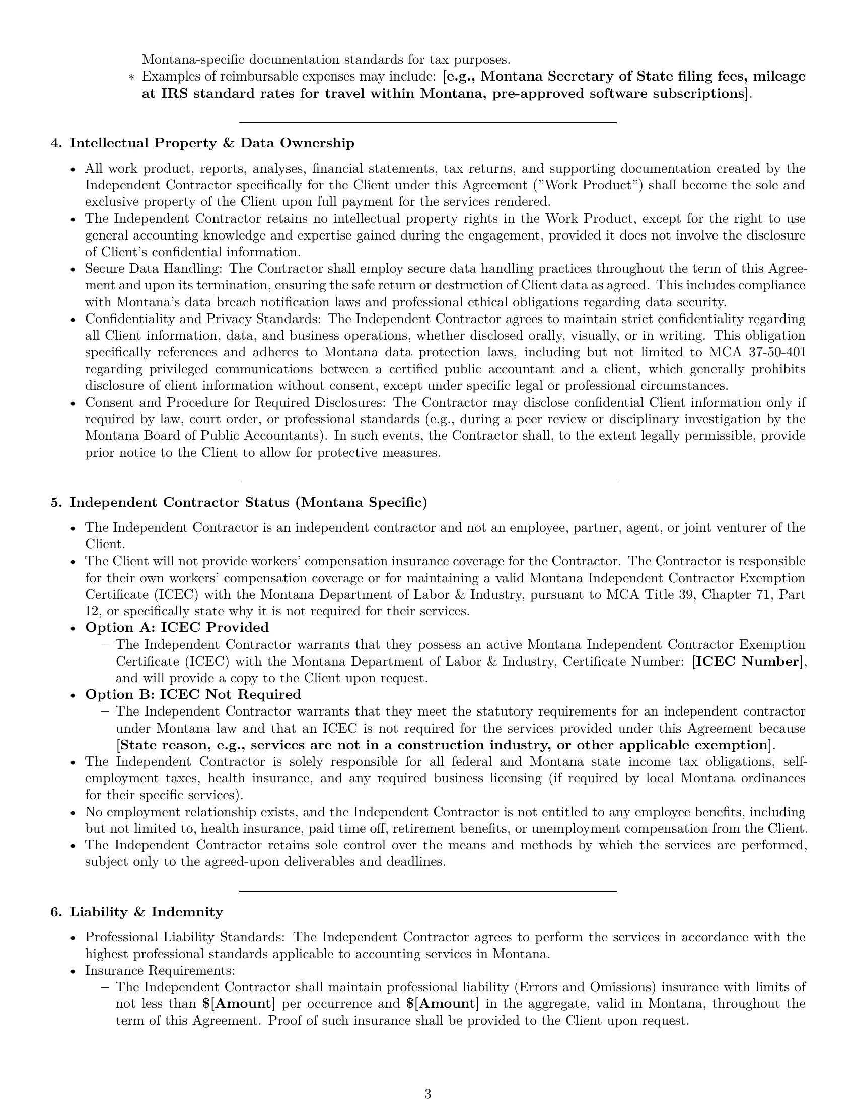 Preview page 3 of Pro Montana accounting independent contractor agreement template