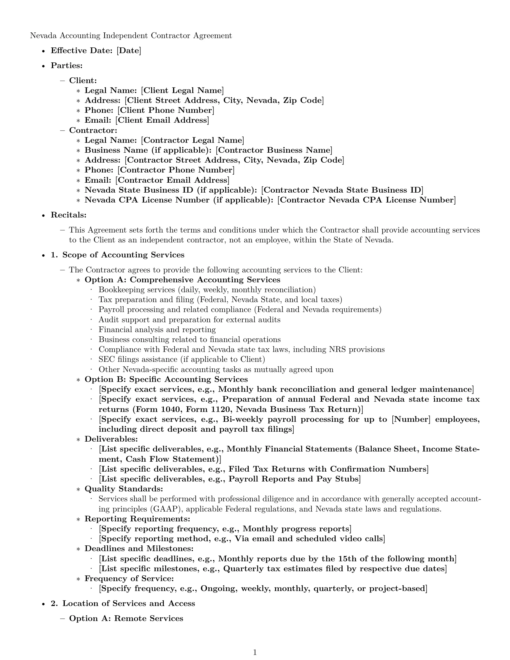 Preview page 1 of Pro Nevada accounting independent contractor agreement template