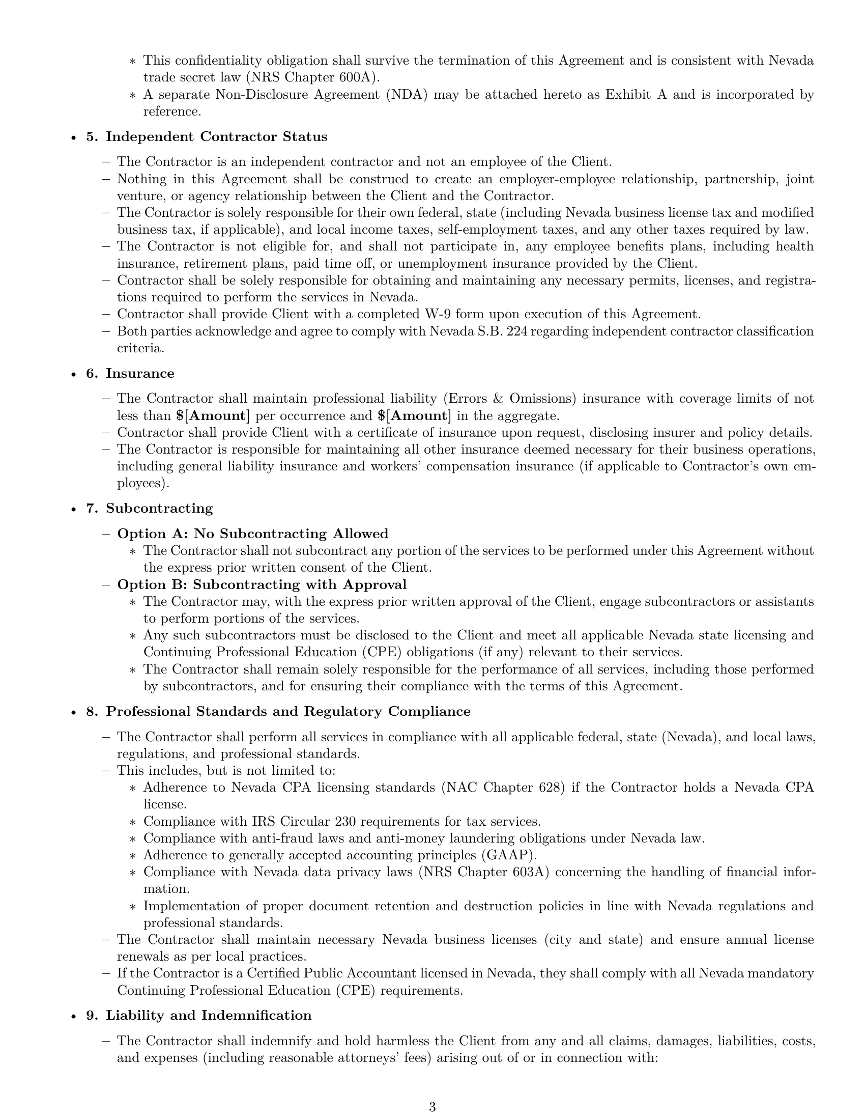Preview page 3 of Pro Nevada accounting independent contractor agreement template