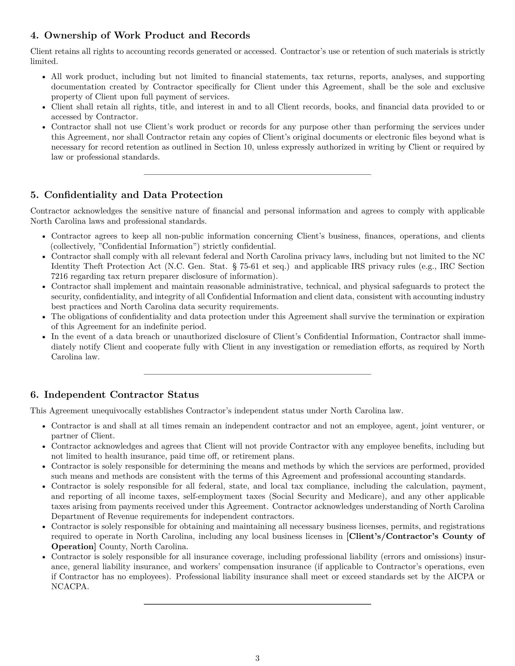 Preview page 3 of Pro North Carolina accounting independent contractor agreement template