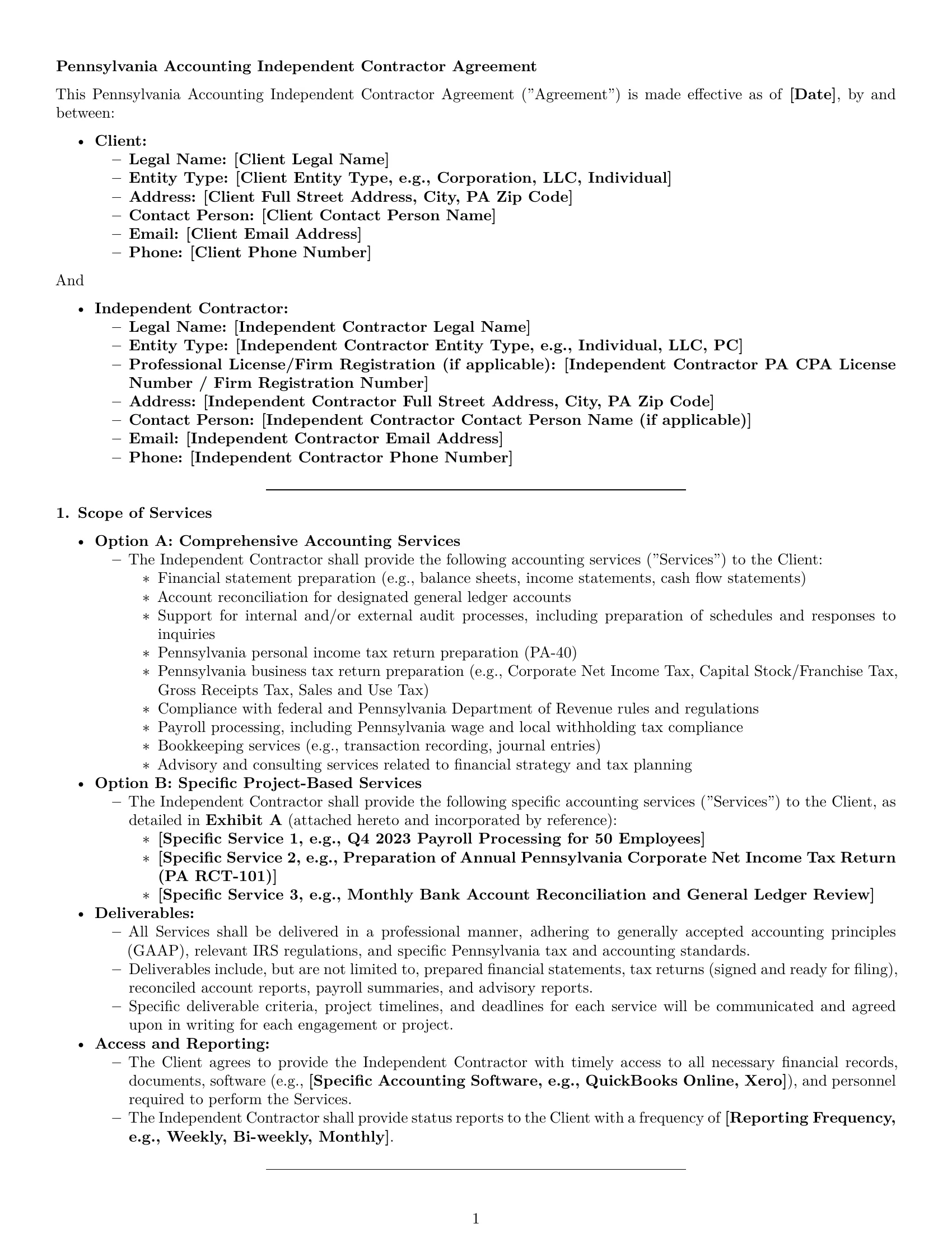 Preview page 1 of Pro Pennsylvania accounting independent contractor agreement template