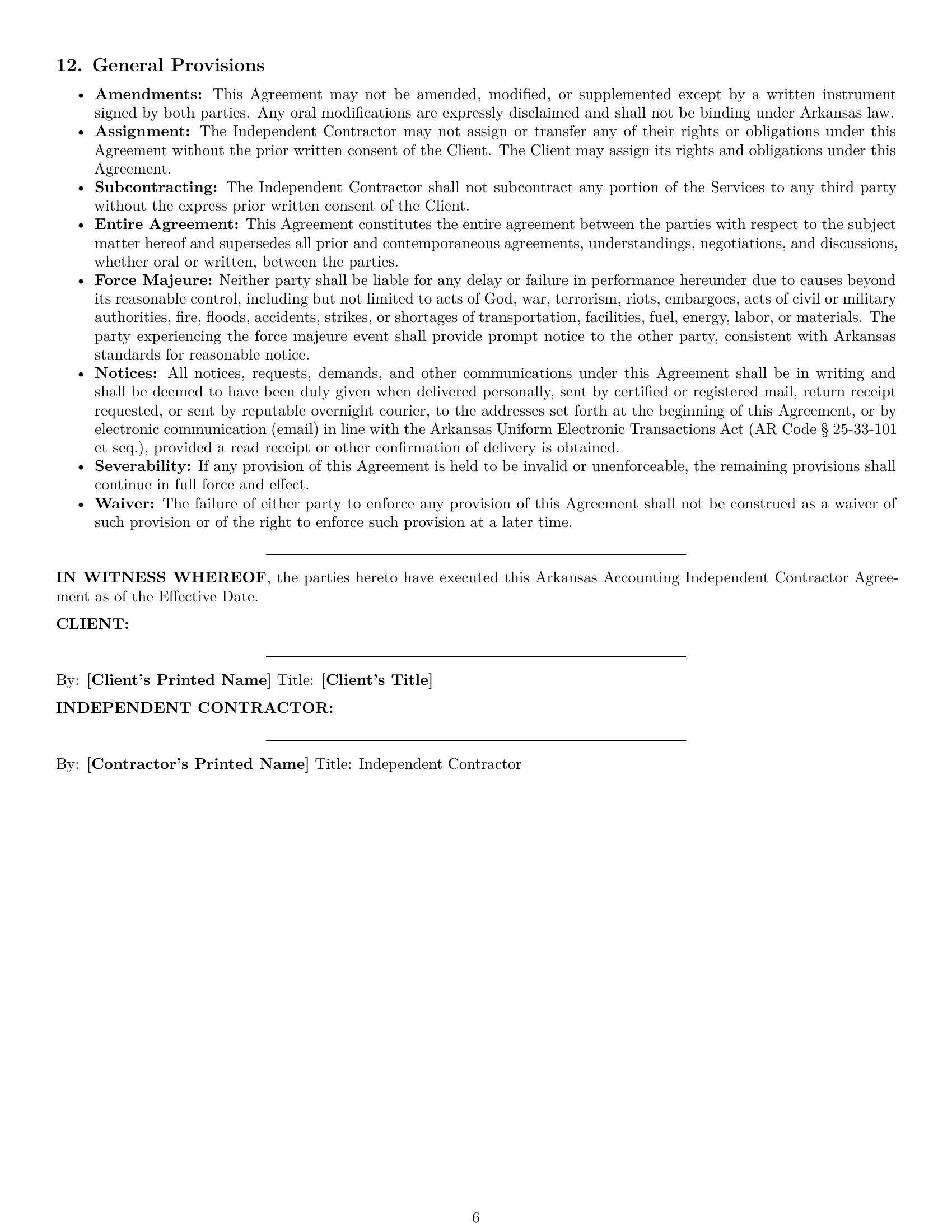 Preview page 6 of Pro Arkansas accounting independent contractor agreement template