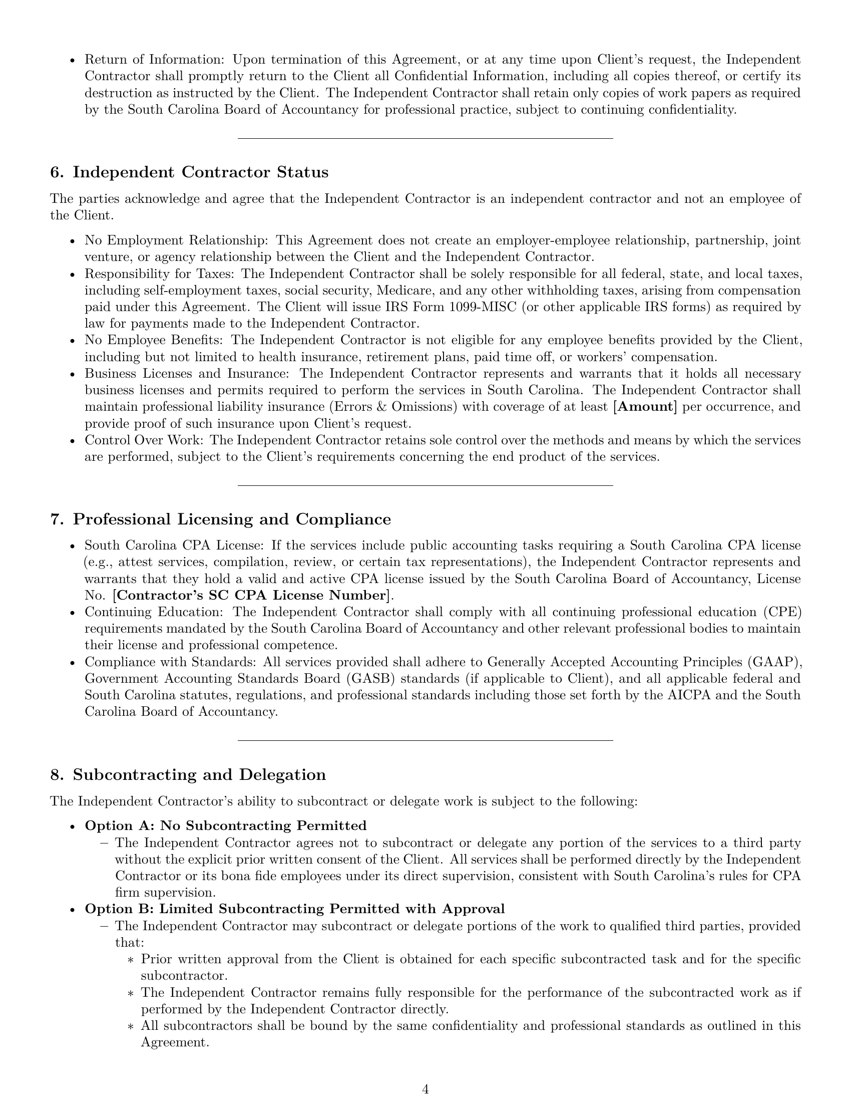 Preview page 4 of Pro South Carolina accounting independent contractor agreement template