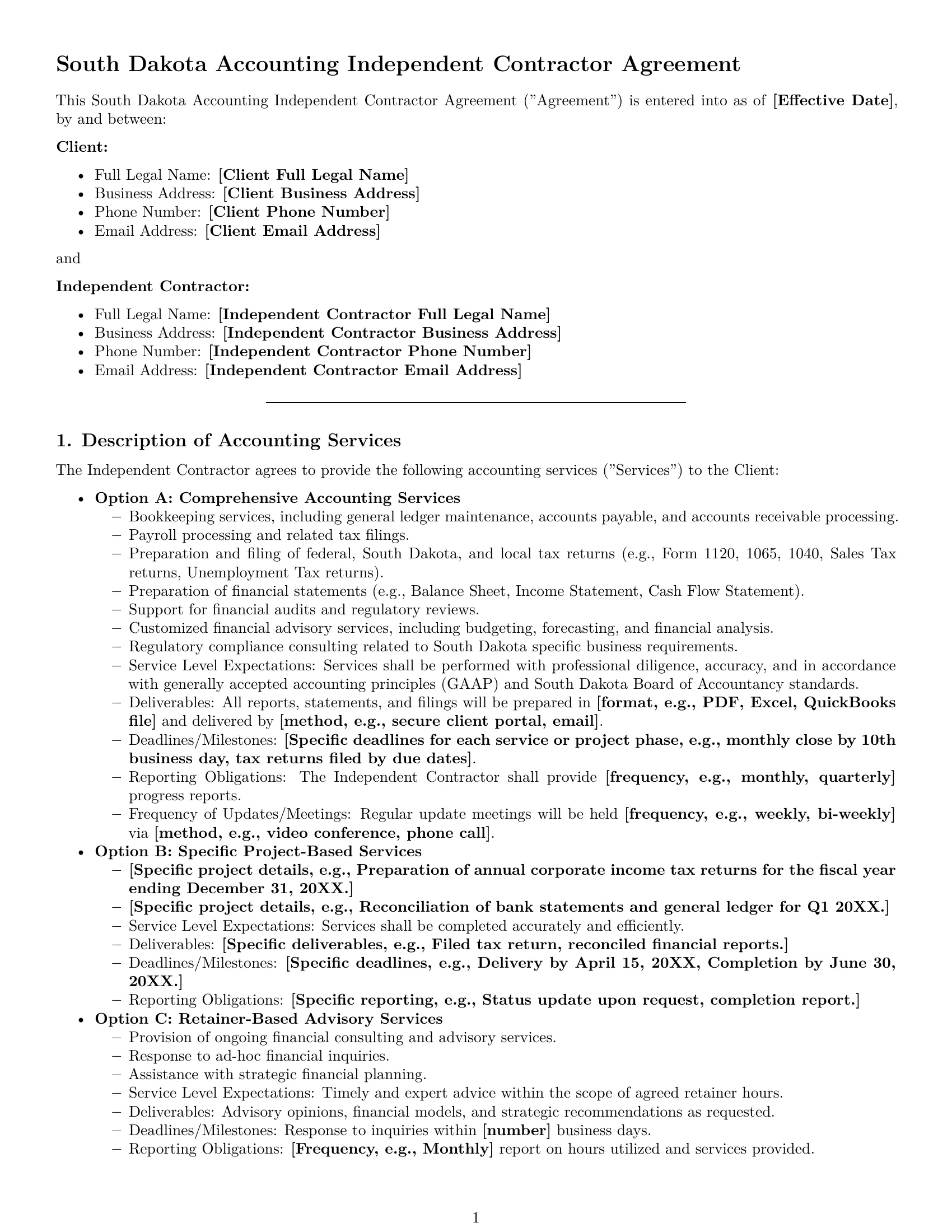 Preview page 1 of Pro South Dakota accounting independent contractor agreement template