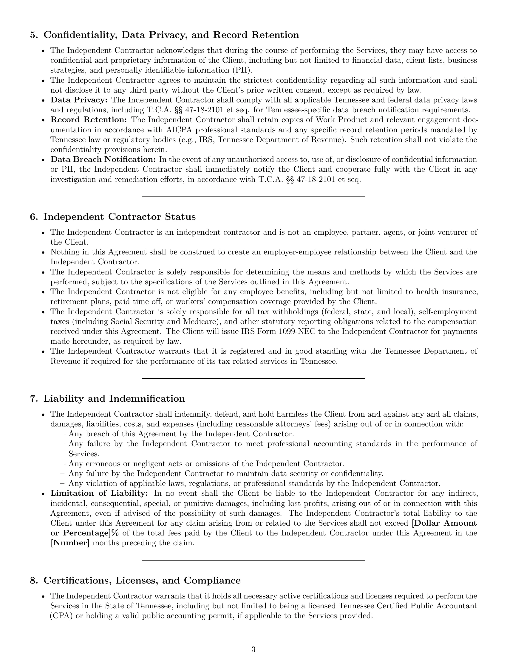 Preview page 3 of Pro Tennessee accounting independent contractor agreement template
