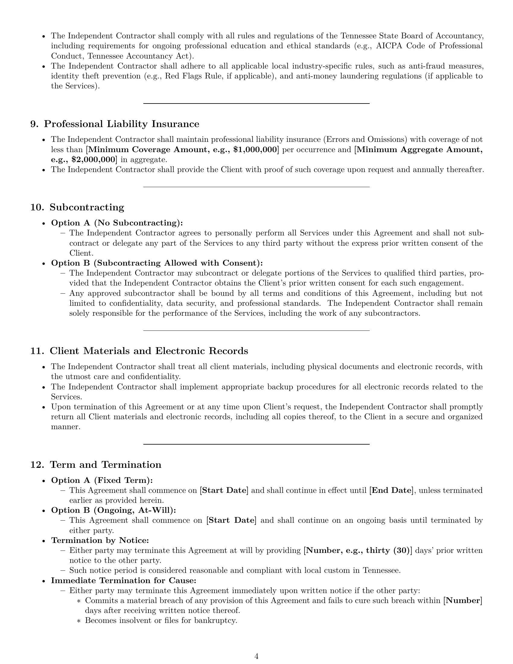 Preview page 4 of Pro Tennessee accounting independent contractor agreement template