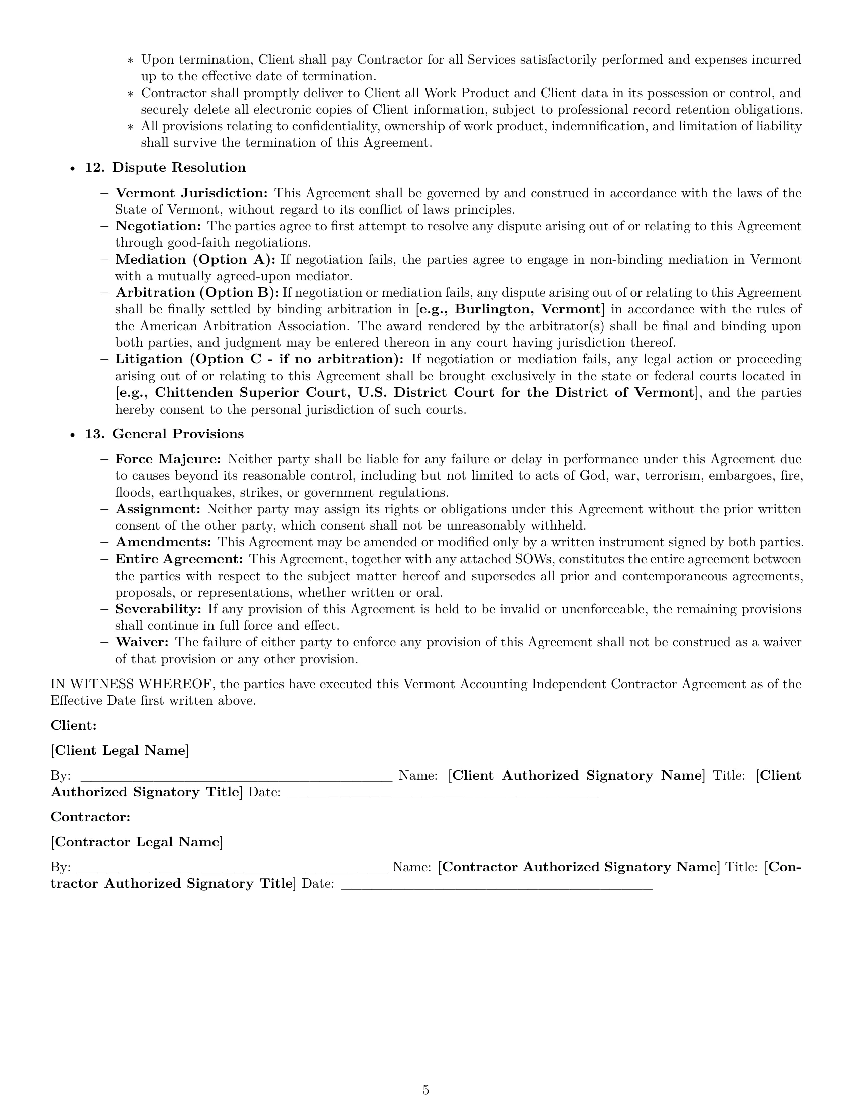 Preview page 5 of Pro Vermont accounting independent contractor agreement template