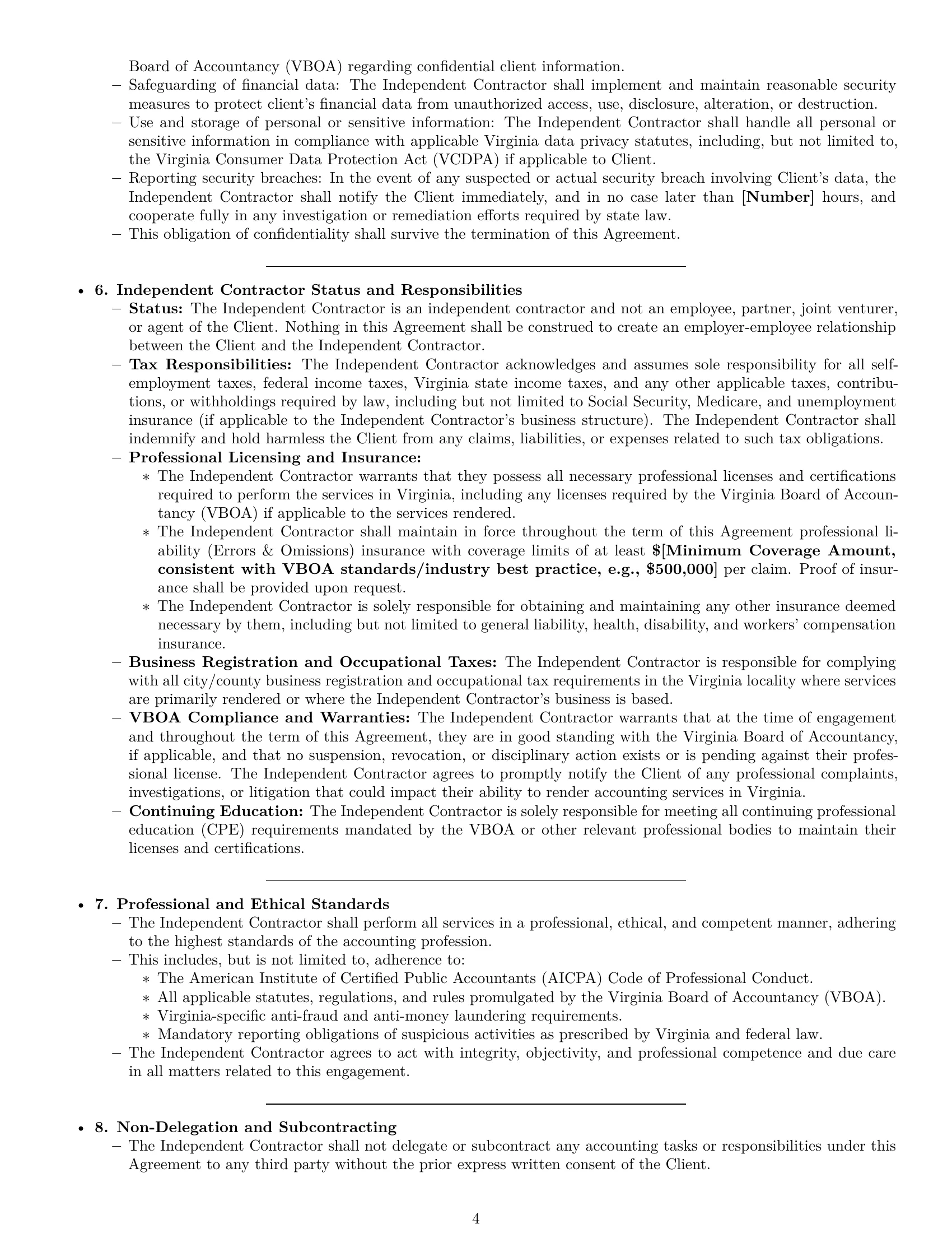 Preview page 4 of Pro Virginia accounting independent contractor agreement template