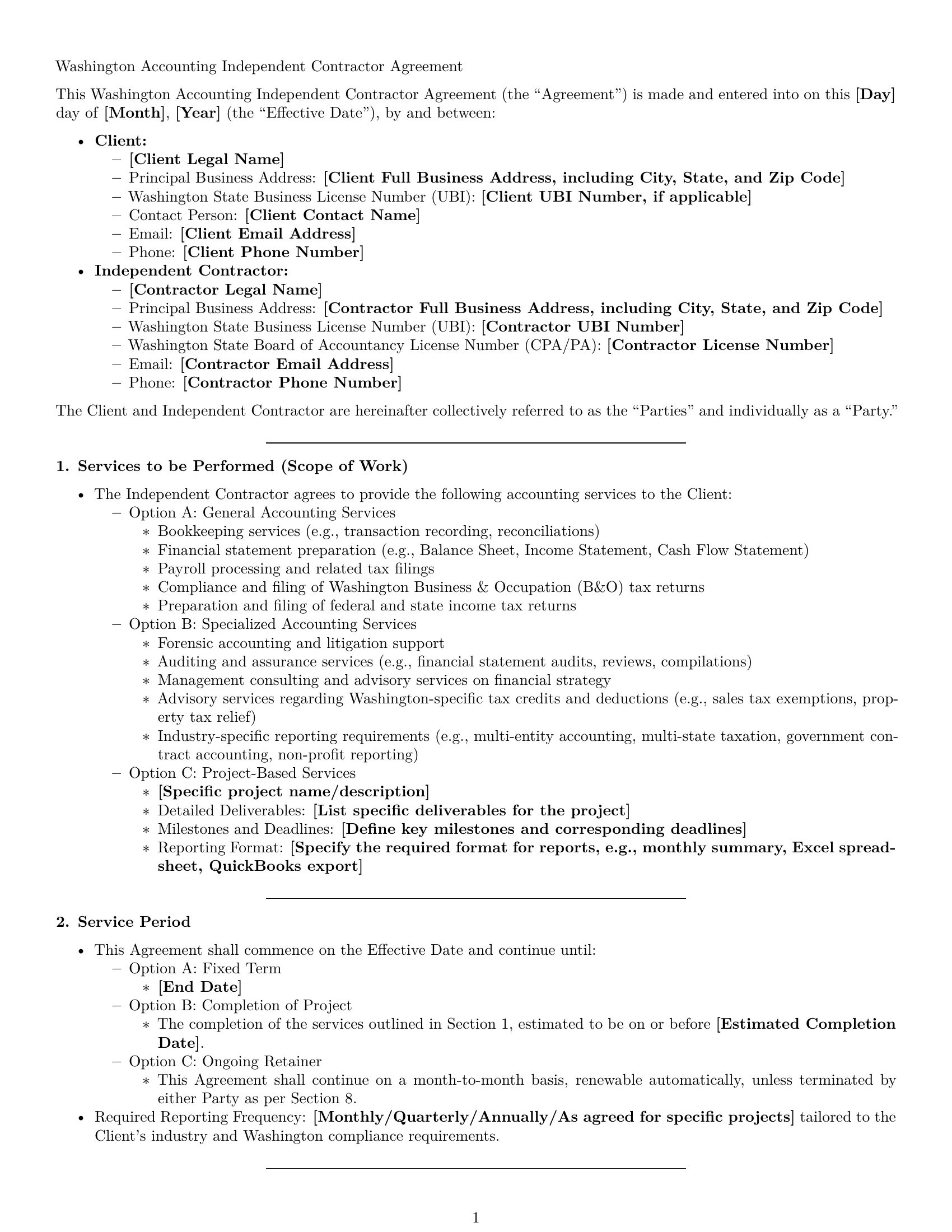 Preview page 1 of Pro Washington accounting independent contractor agreement template