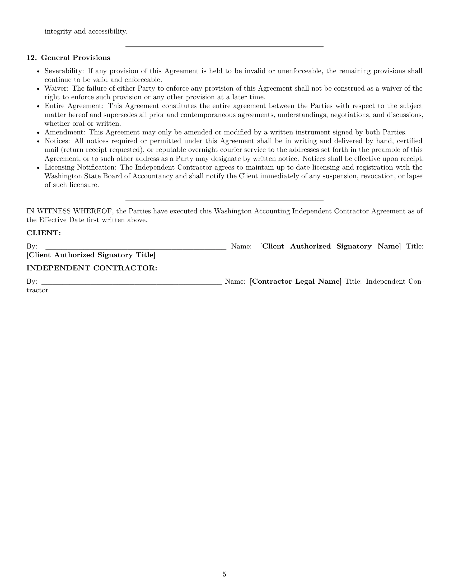 Preview page 5 of Pro Washington accounting independent contractor agreement template