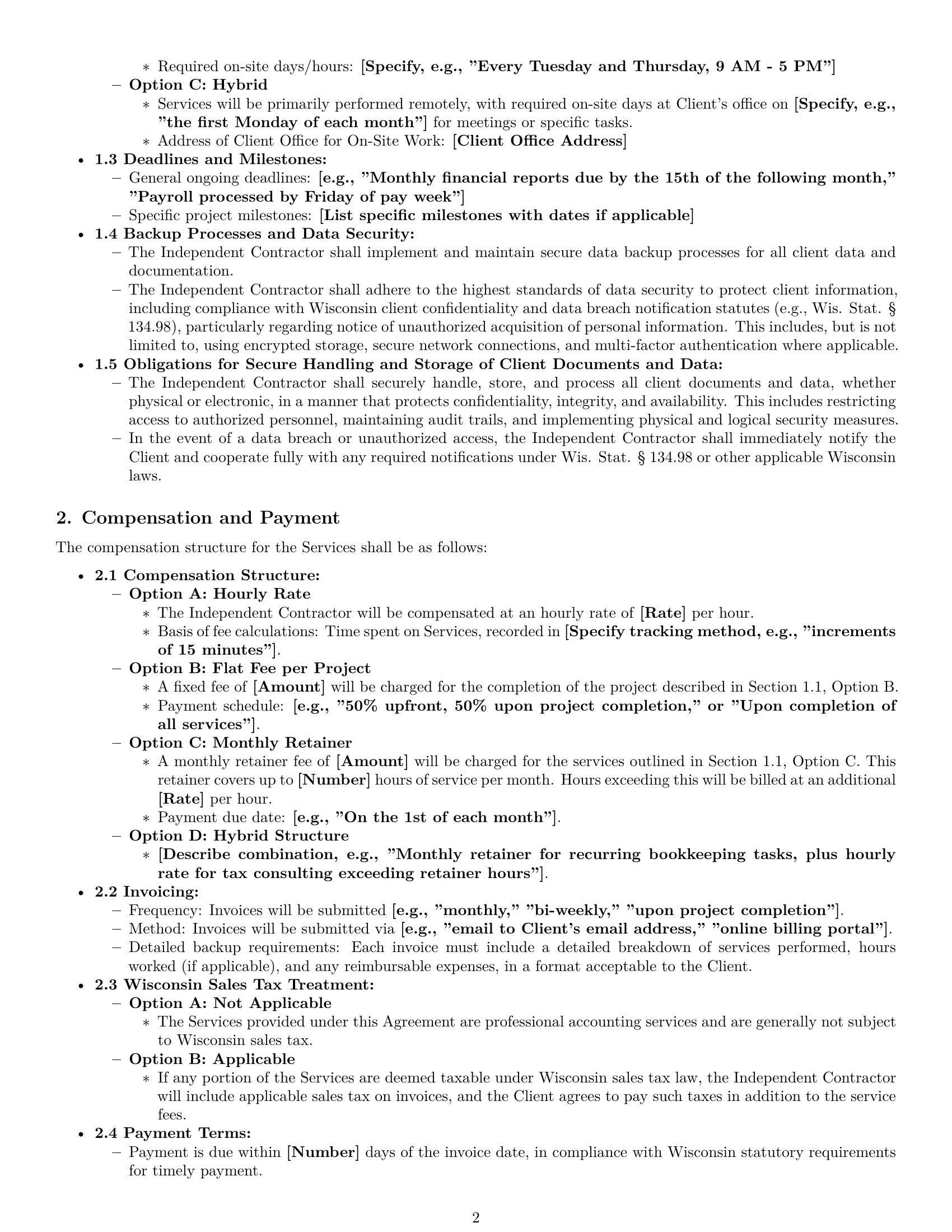 Preview page 2 of Pro Wisconsin accounting independent contractor agreement template