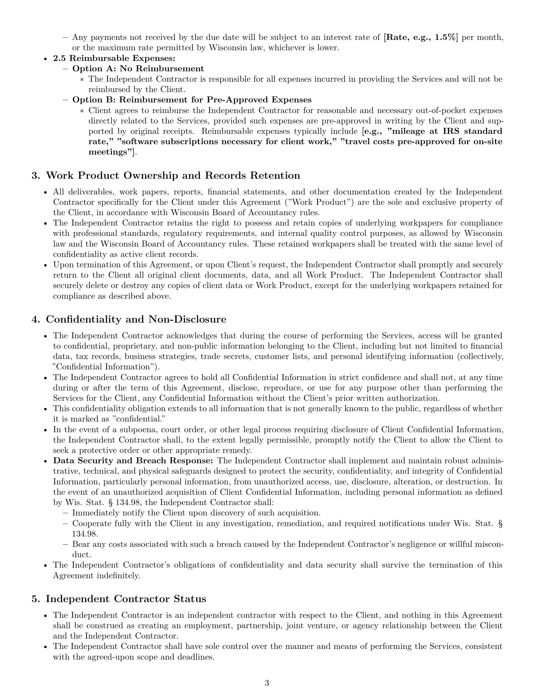 Preview page 3 of Pro Wisconsin accounting independent contractor agreement template