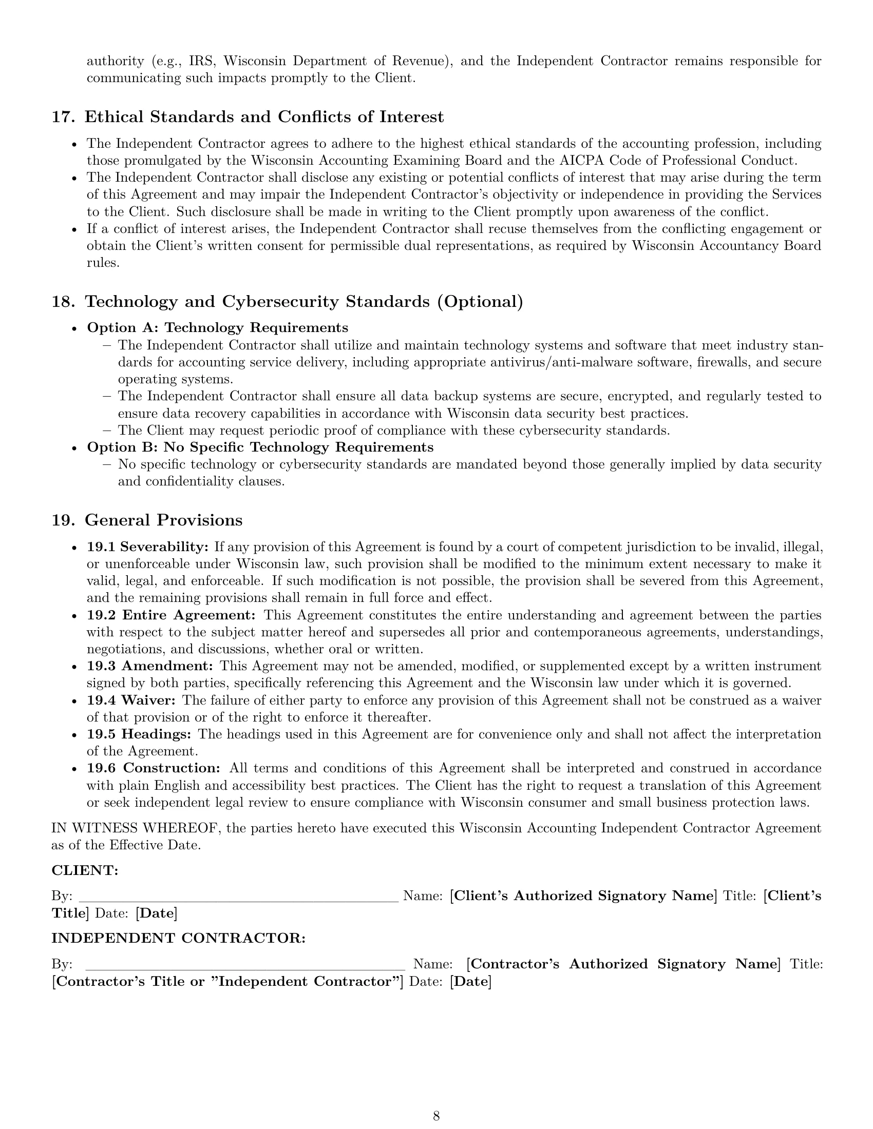 Preview page 8 of Pro Wisconsin accounting independent contractor agreement template