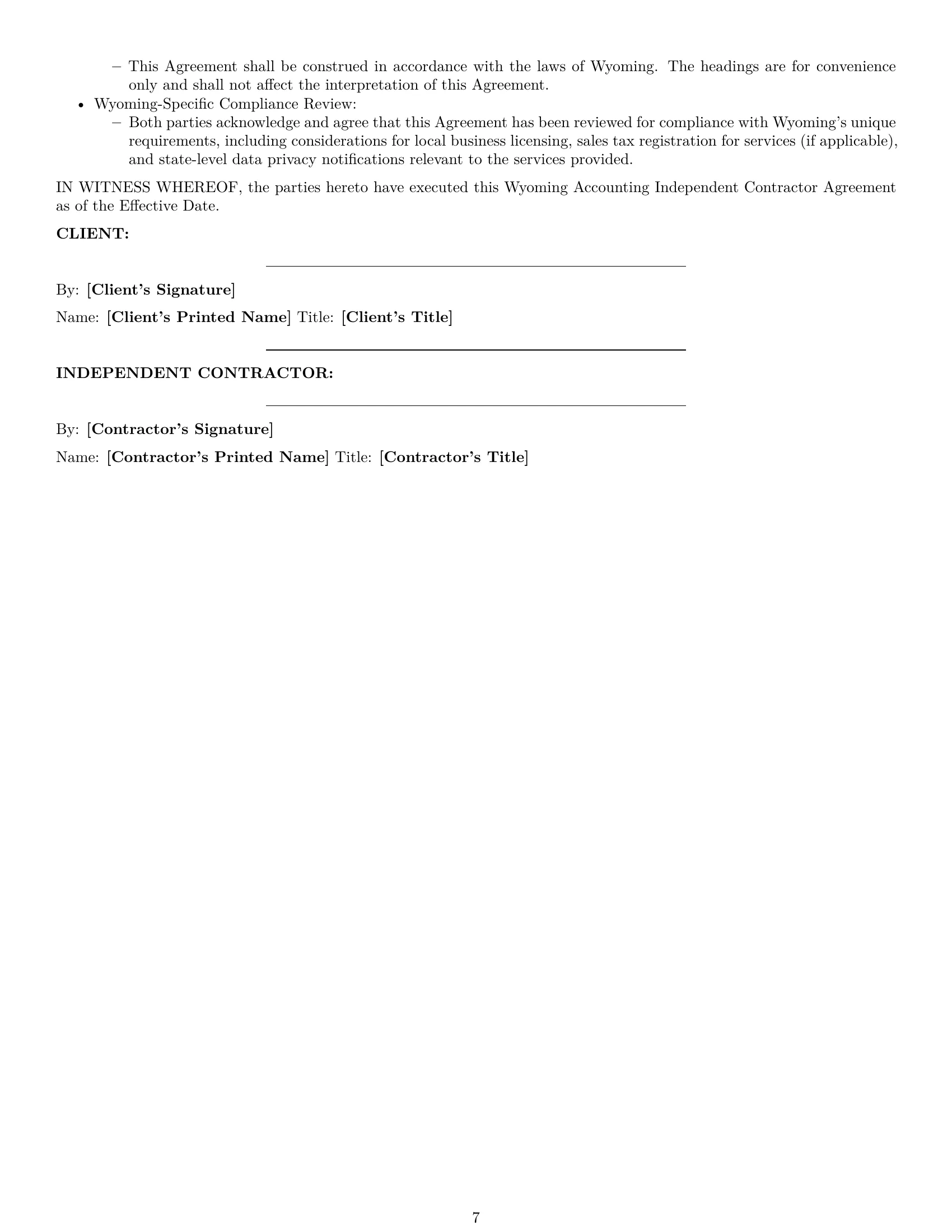Preview page 7 of Pro Wyoming accounting independent contractor agreement template