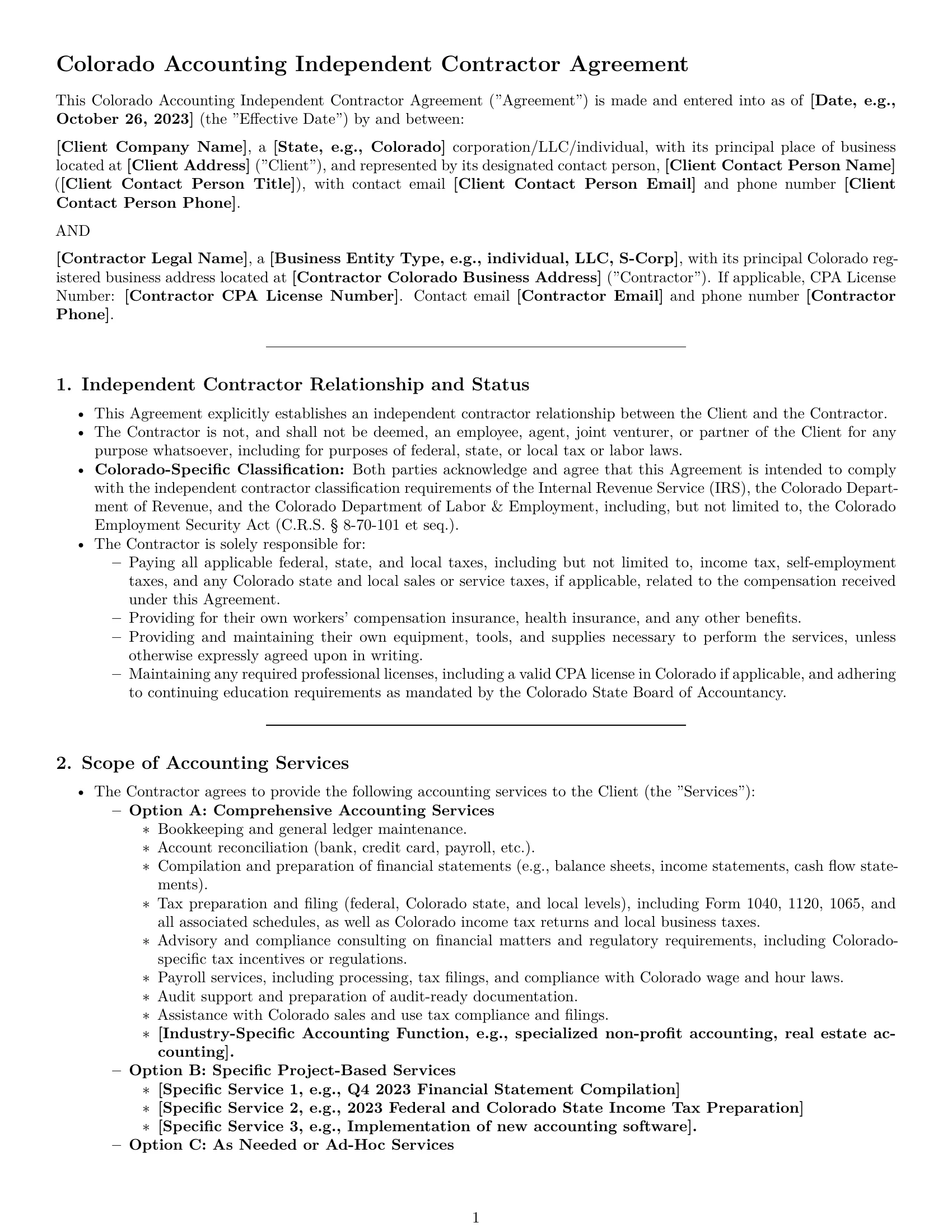 Preview page 1 of Pro Colorado accounting independent contractor agreement template