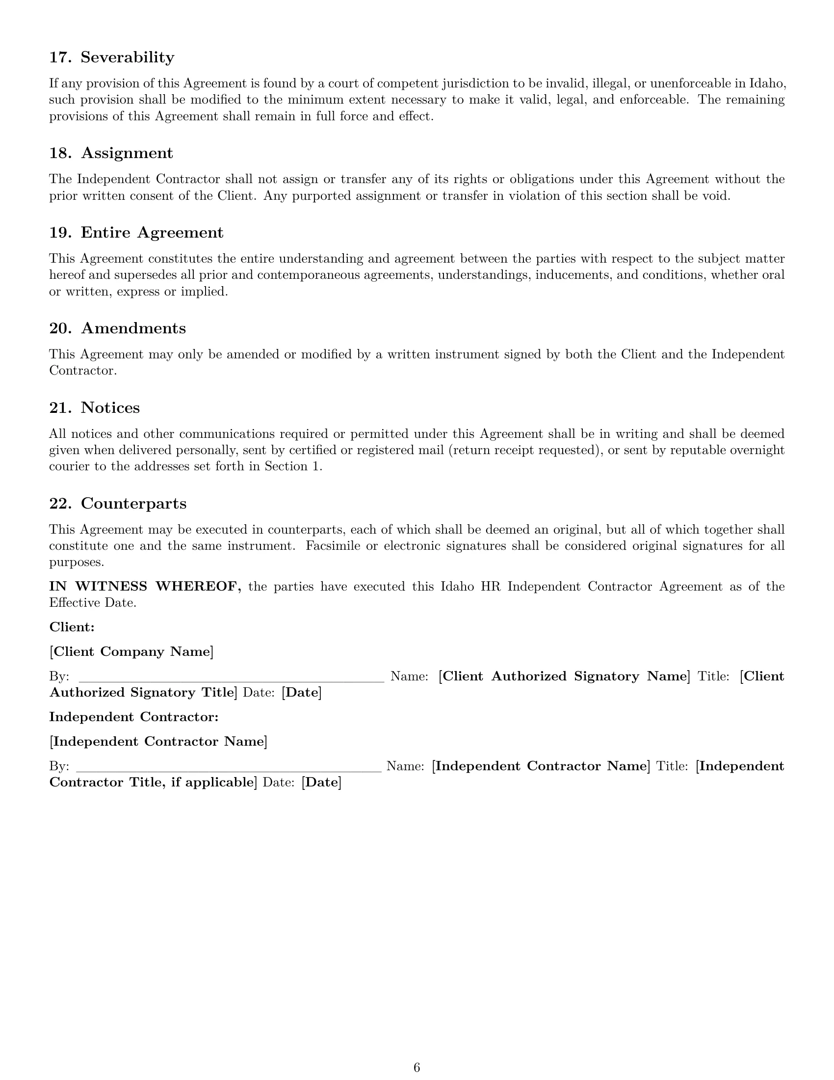 Preview page 6 of Pro Idaho hr independent contractor agreement template