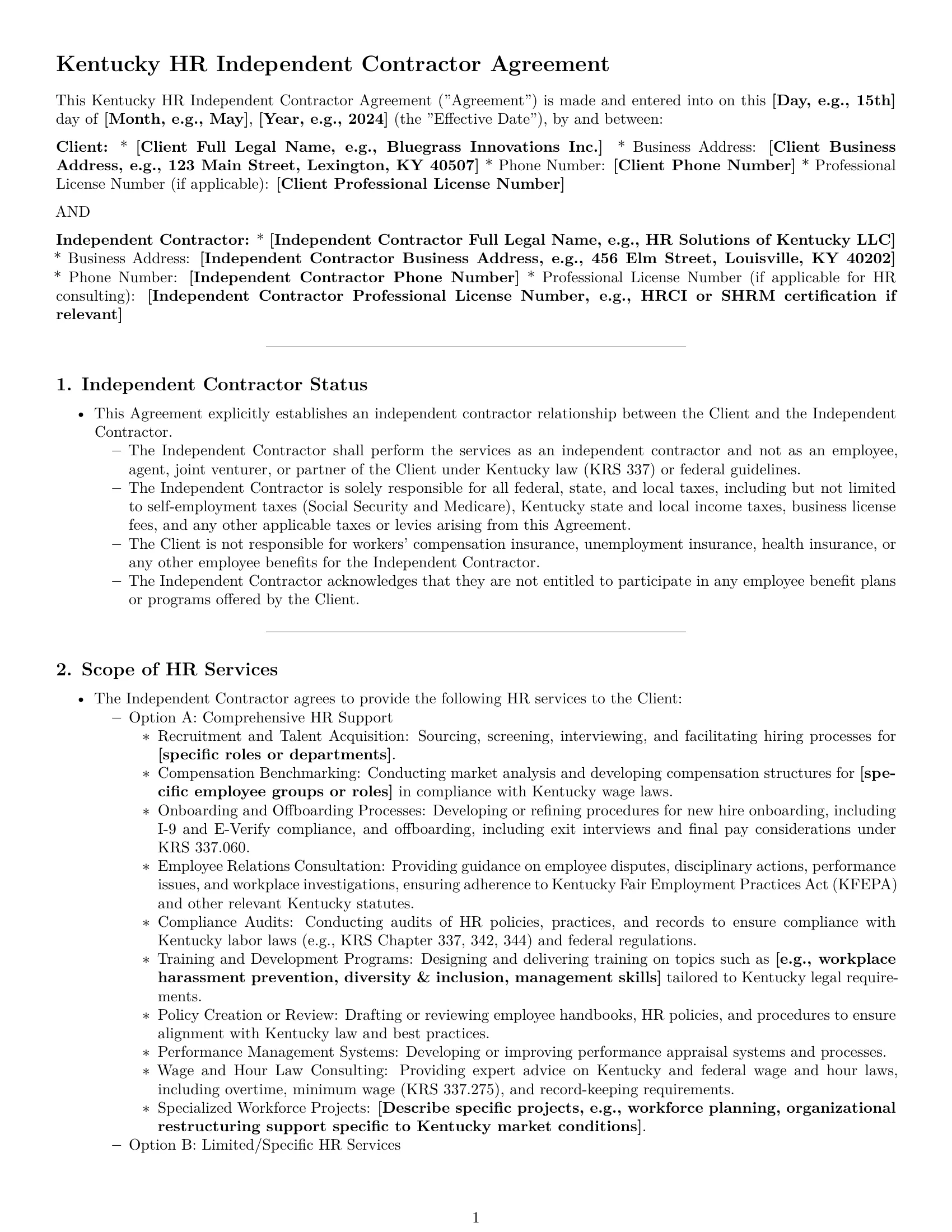 Preview page 1 of Pro Kentucky hr independent contractor agreement template