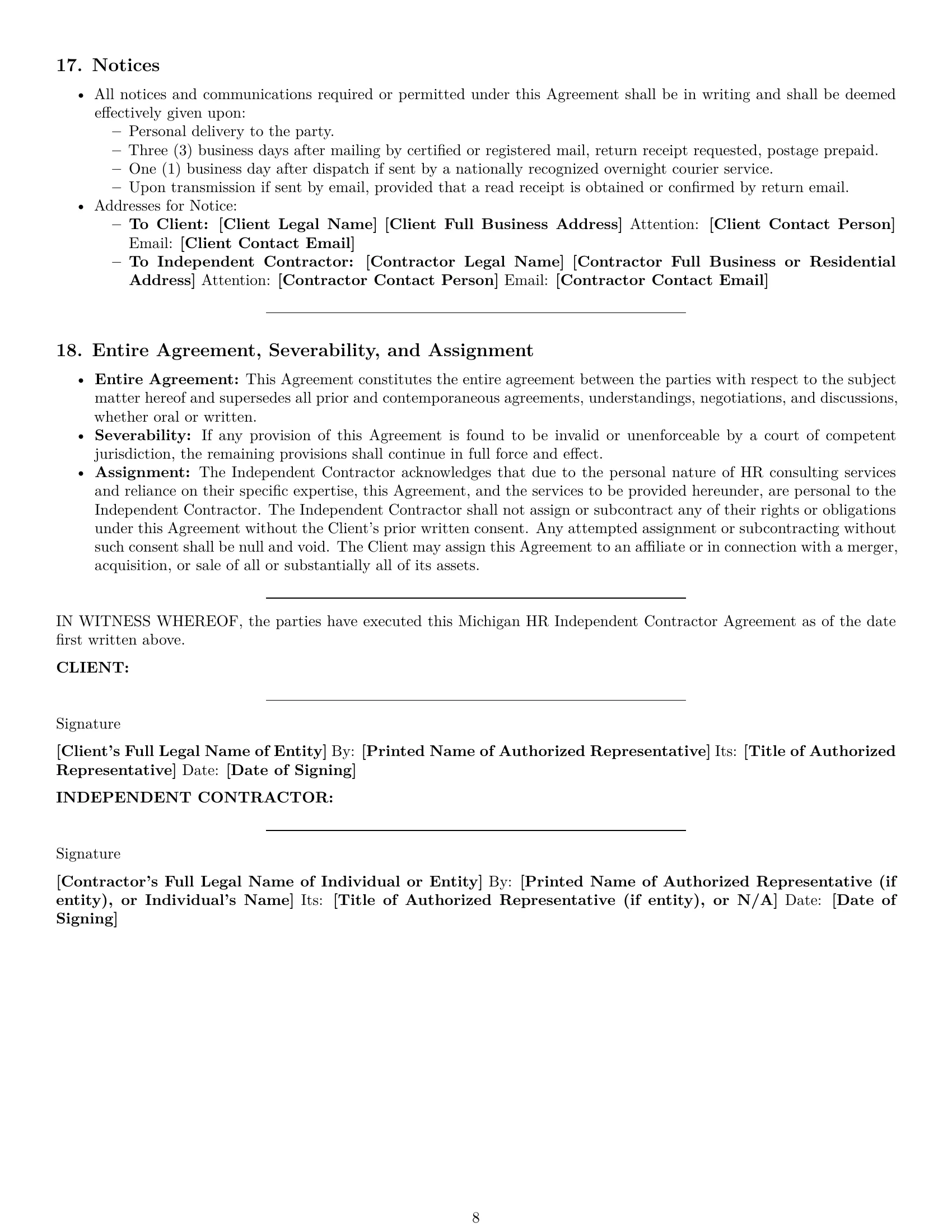 Preview page 8 of Pro Michigan hr independent contractor agreement template