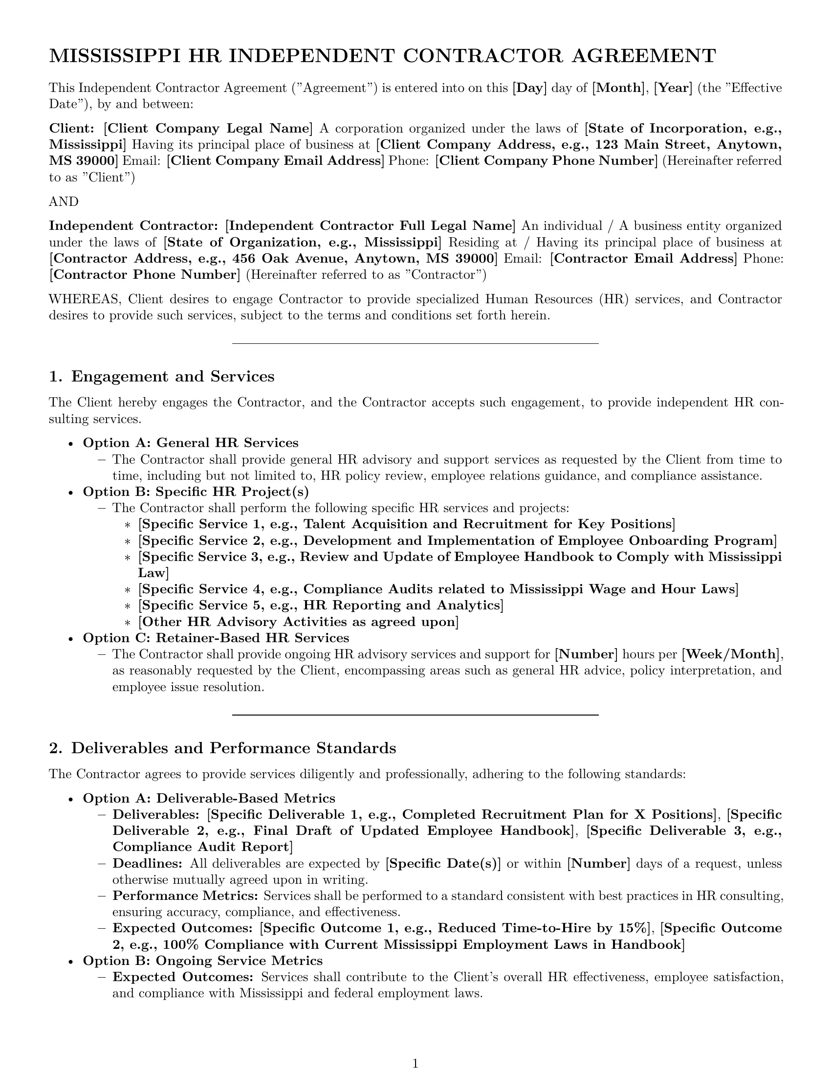 Preview page 1 of Pro Mississippi hr independent contractor agreement template