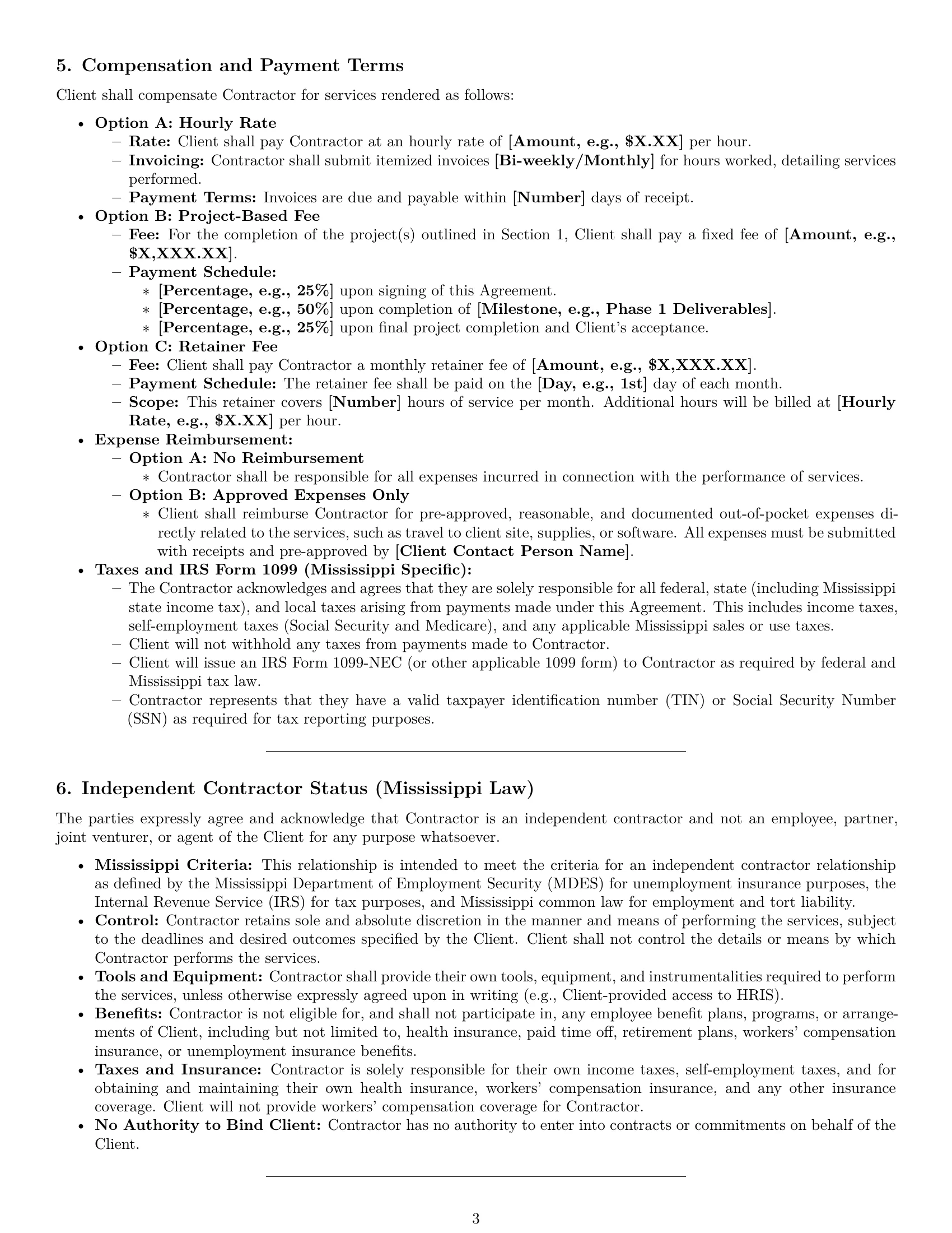 Preview page 3 of Pro Mississippi hr independent contractor agreement template