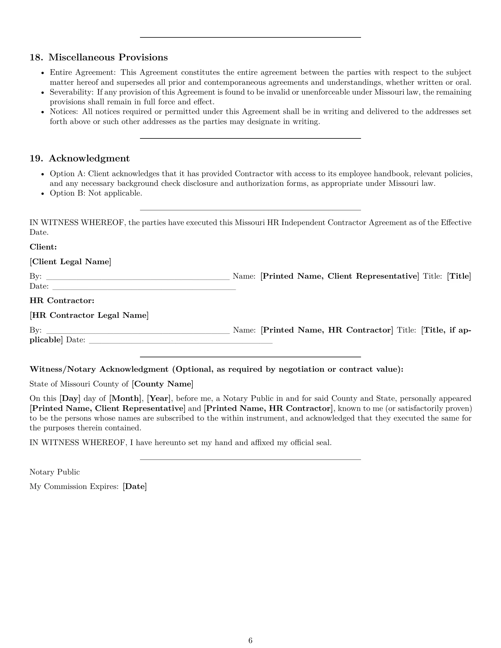Preview page 6 of Pro Missouri hr independent contractor agreement template