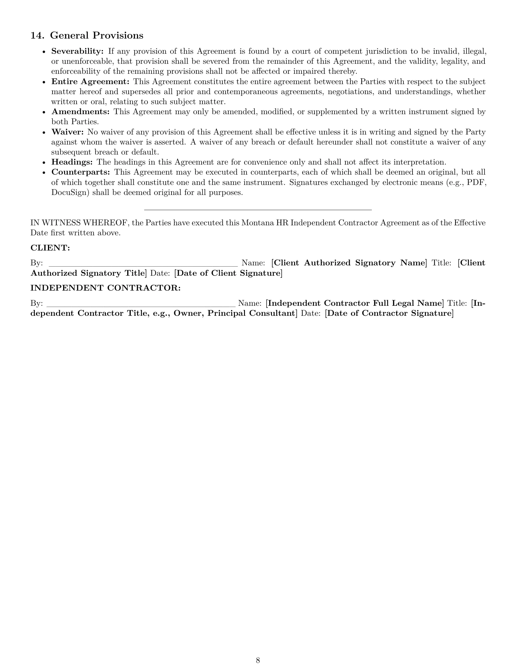 Preview page 8 of Pro Montana hr independent contractor agreement template