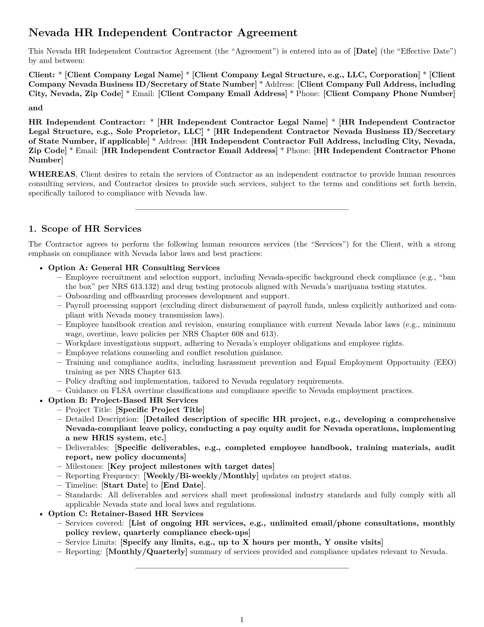 Preview page 1 of Pro Nevada hr independent contractor agreement template