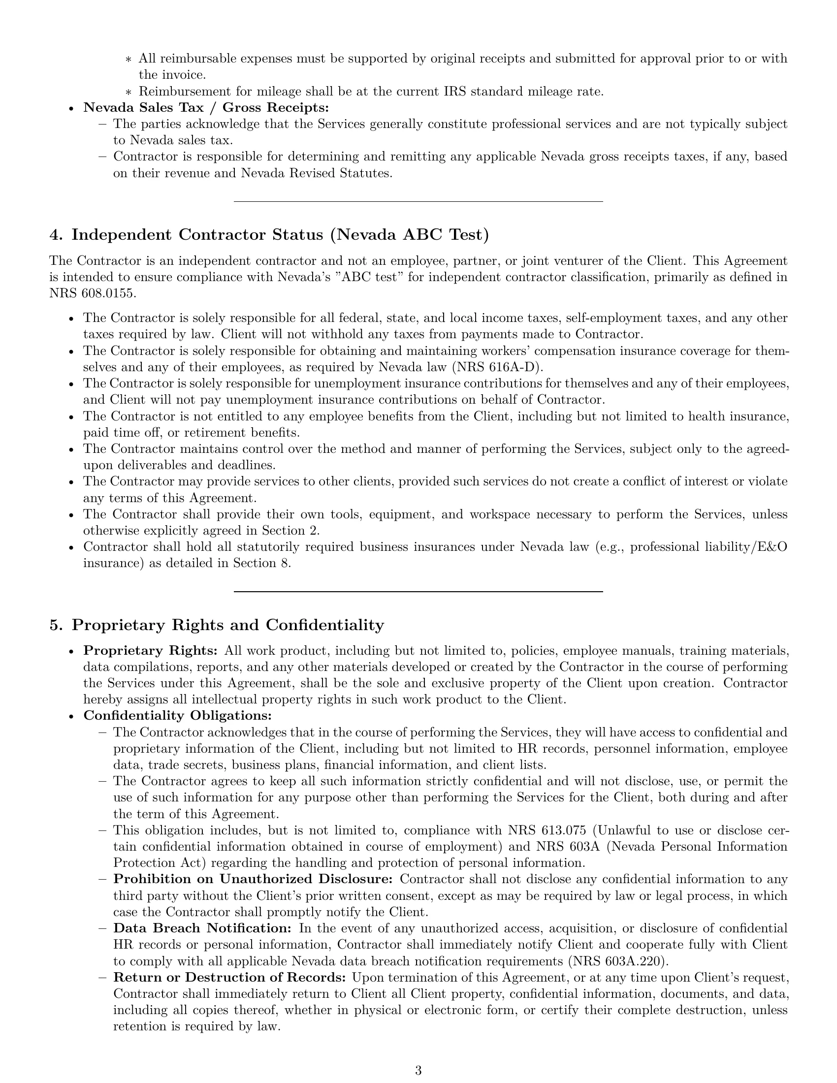 Preview page 3 of Pro Nevada hr independent contractor agreement template