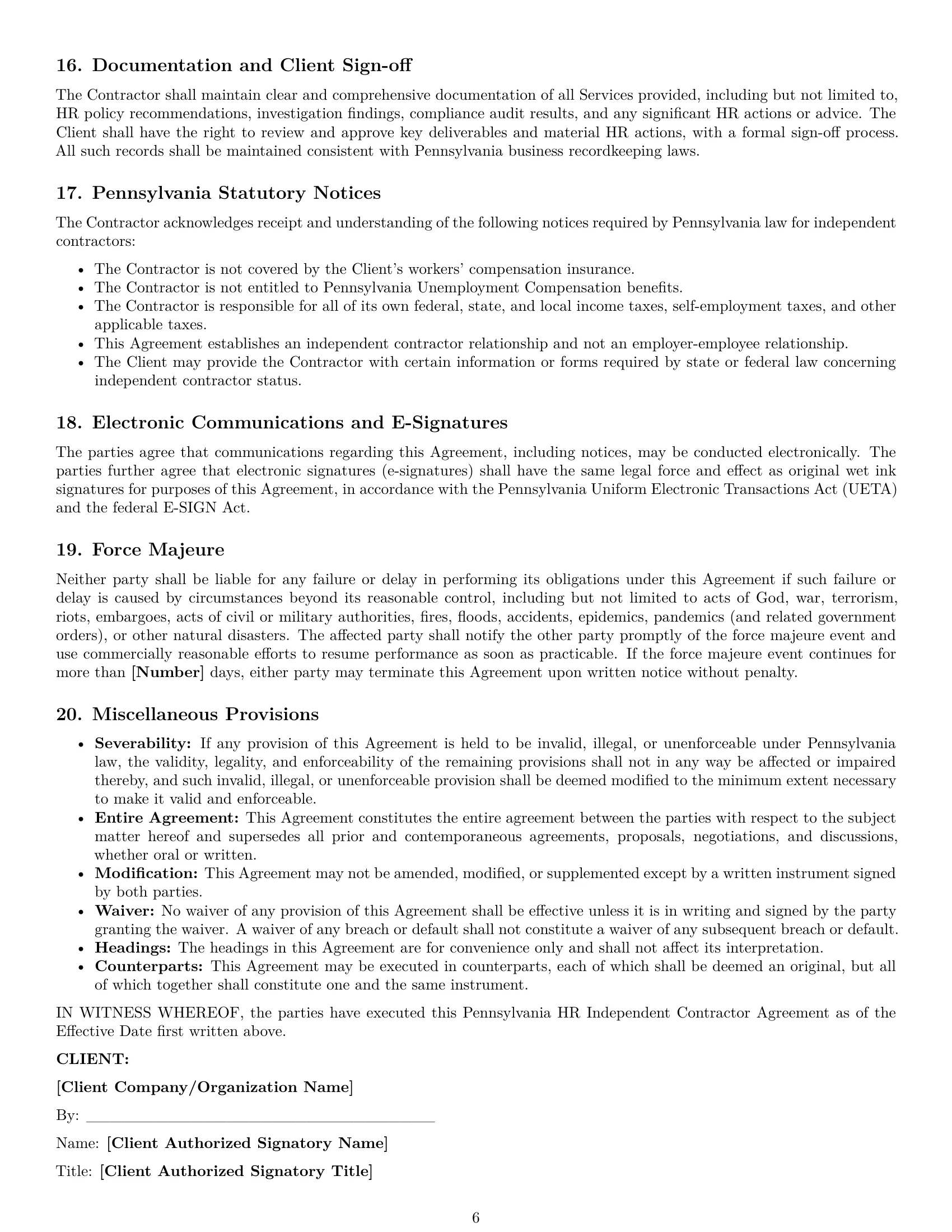 Preview page 6 of Pro Pennsylvania hr independent contractor agreement template