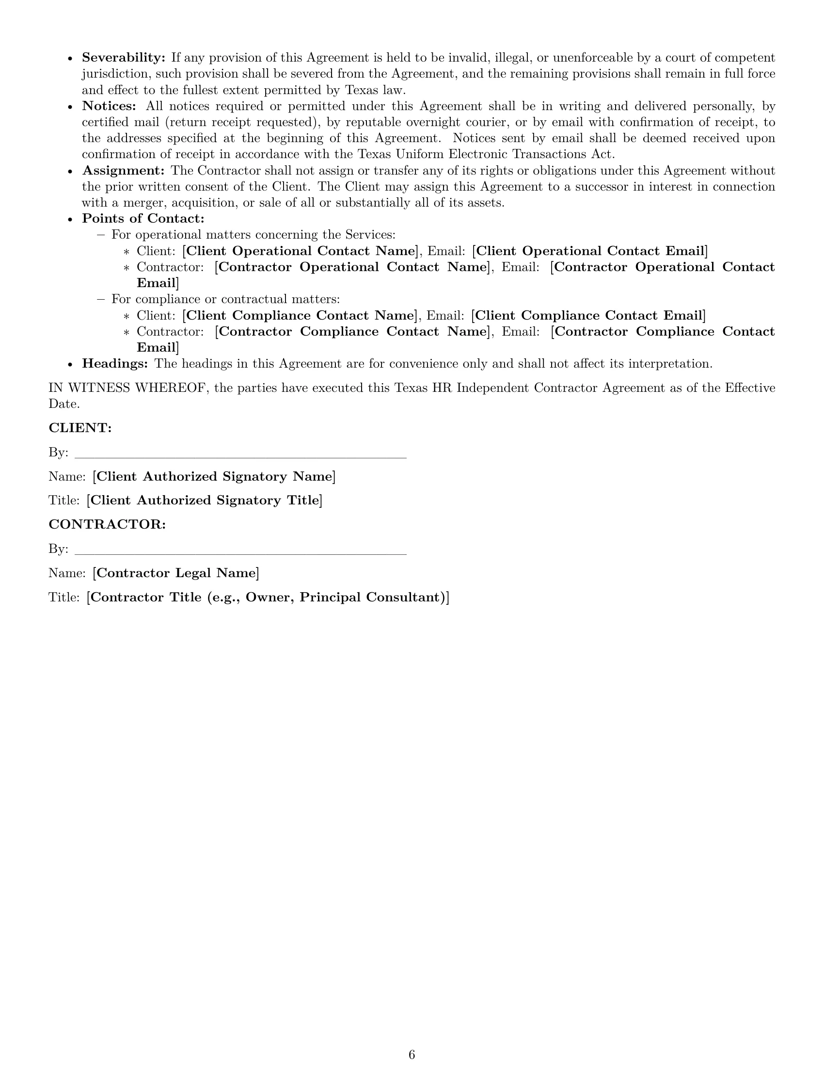 Preview page 6 of Pro Texas hr independent contractor agreement template