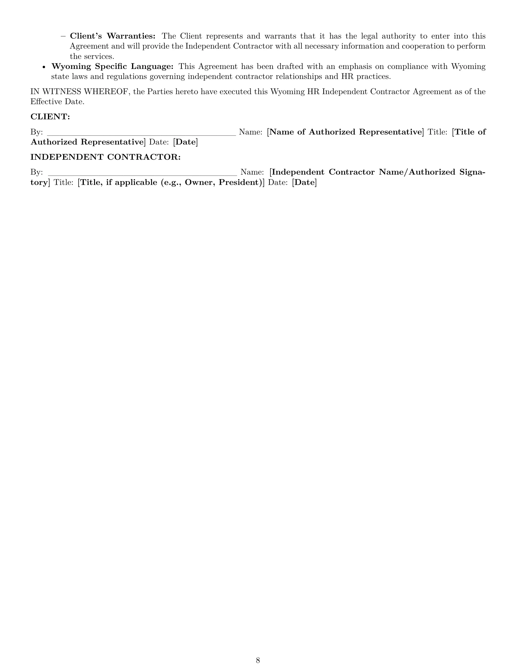 Preview page 8 of Pro Wyoming hr independent contractor agreement template