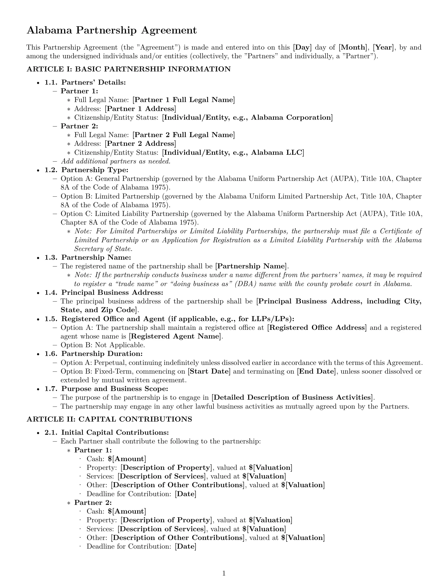 Preview page 1 of Pro Alabama partnership agreement template