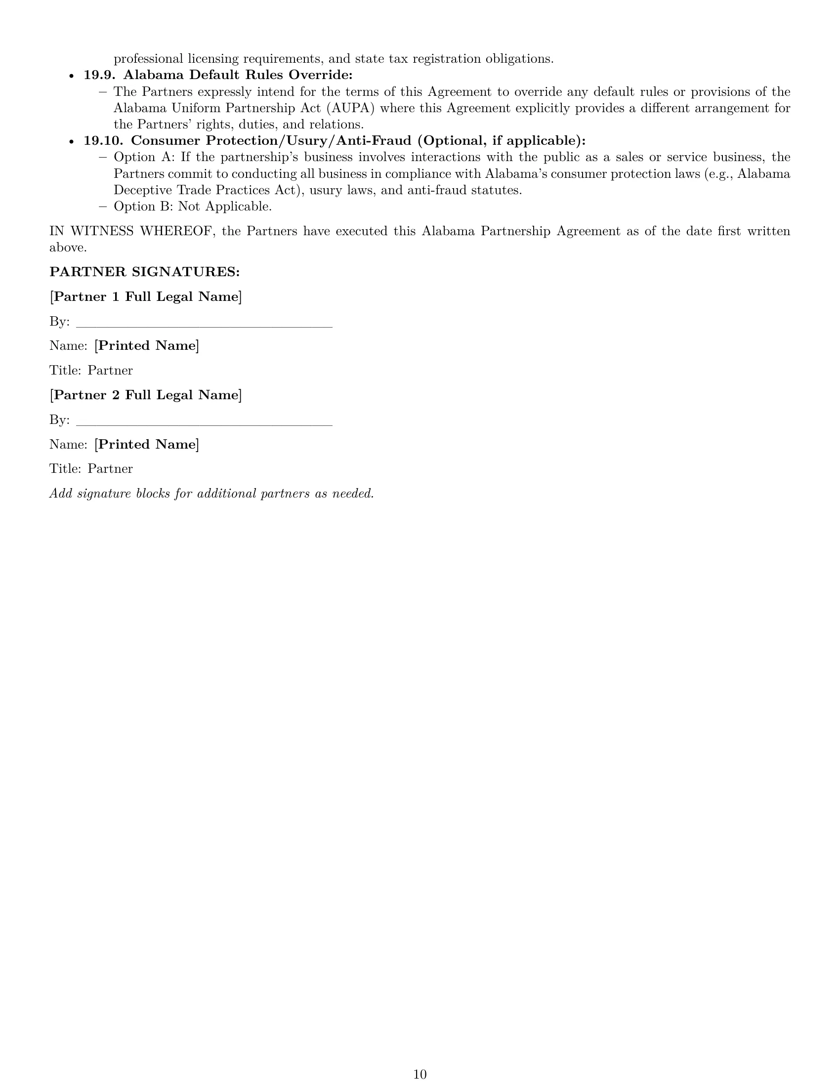 Preview page 10 of Pro Alabama partnership agreement template