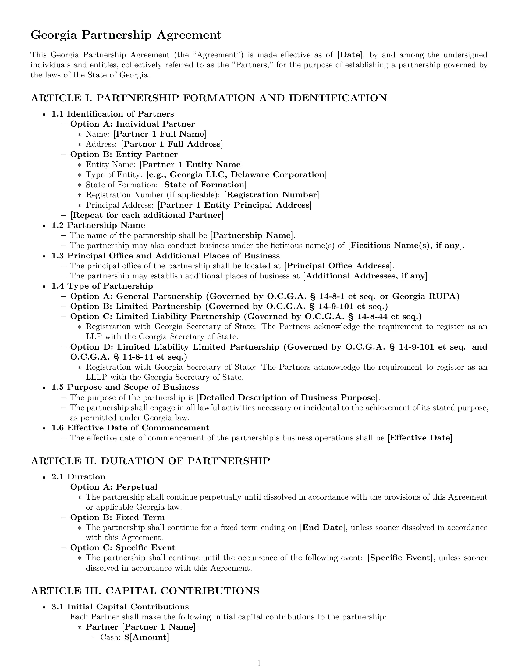 Preview page 1 of Pro Georgia partnership agreement template