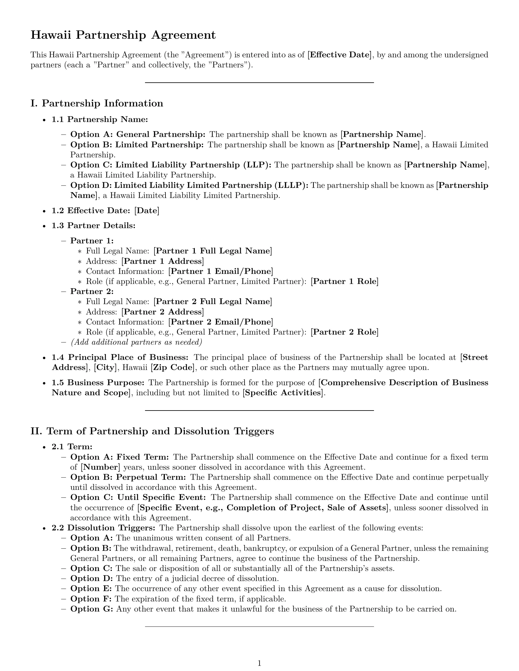 Preview page 1 of Pro Hawaii partnership agreement template