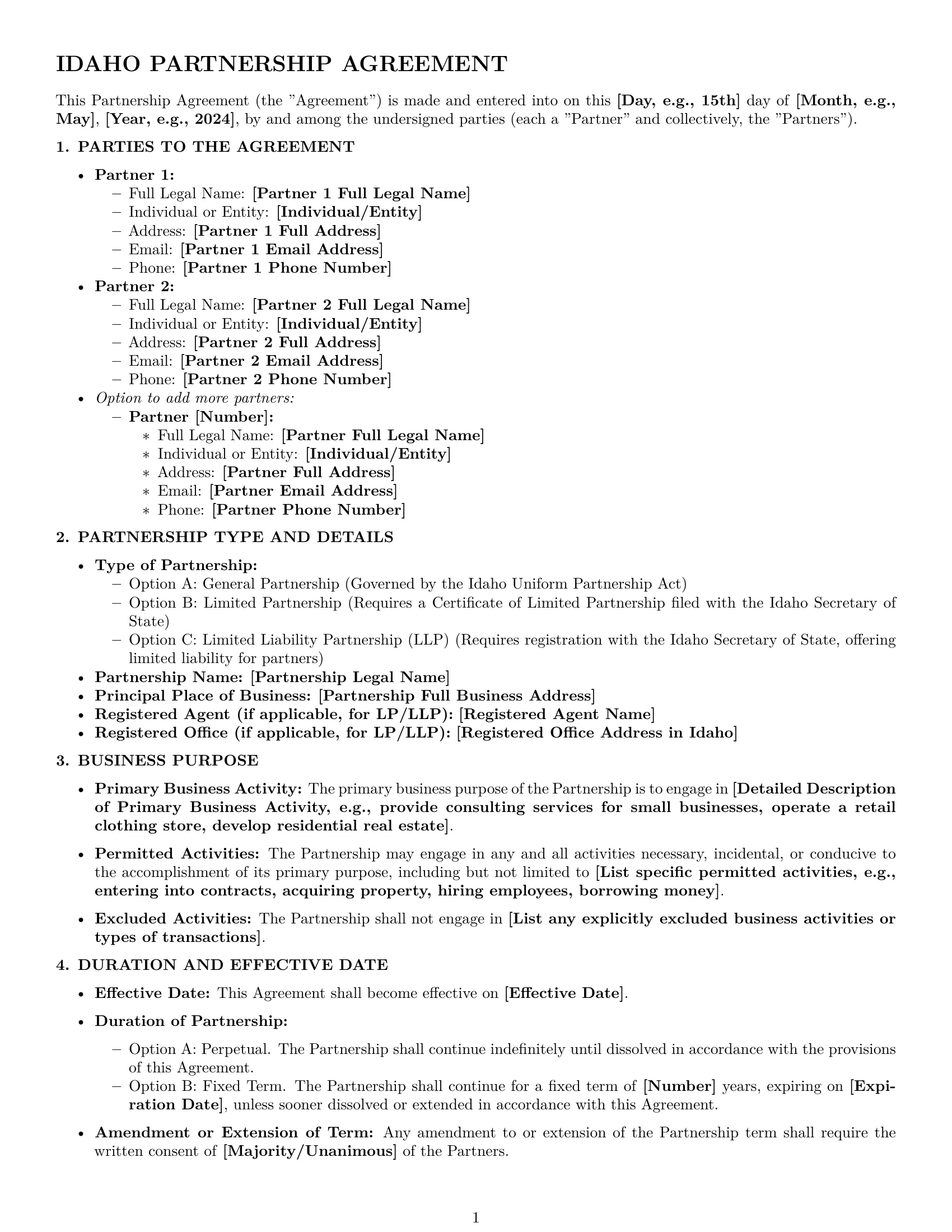 Preview page 1 of Pro Idaho partnership agreement template