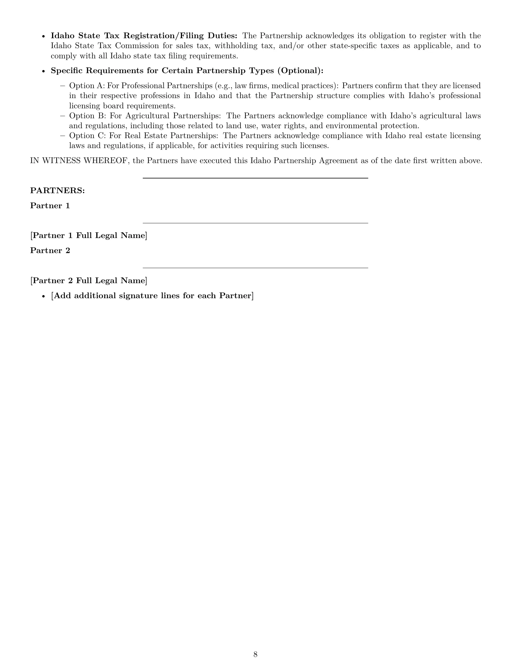 Preview page 8 of Pro Idaho partnership agreement template
