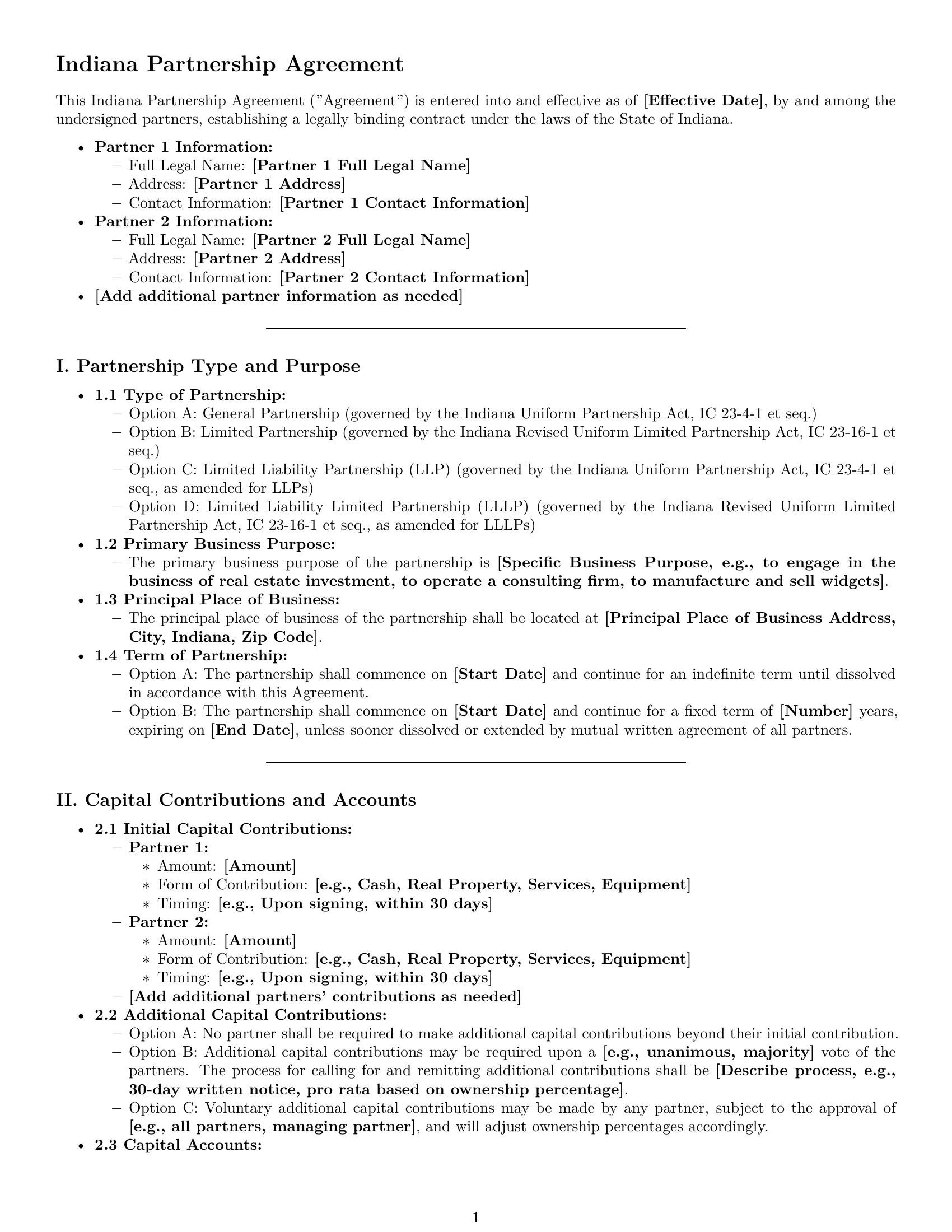 Preview page 1 of Pro Indiana partnership agreement template