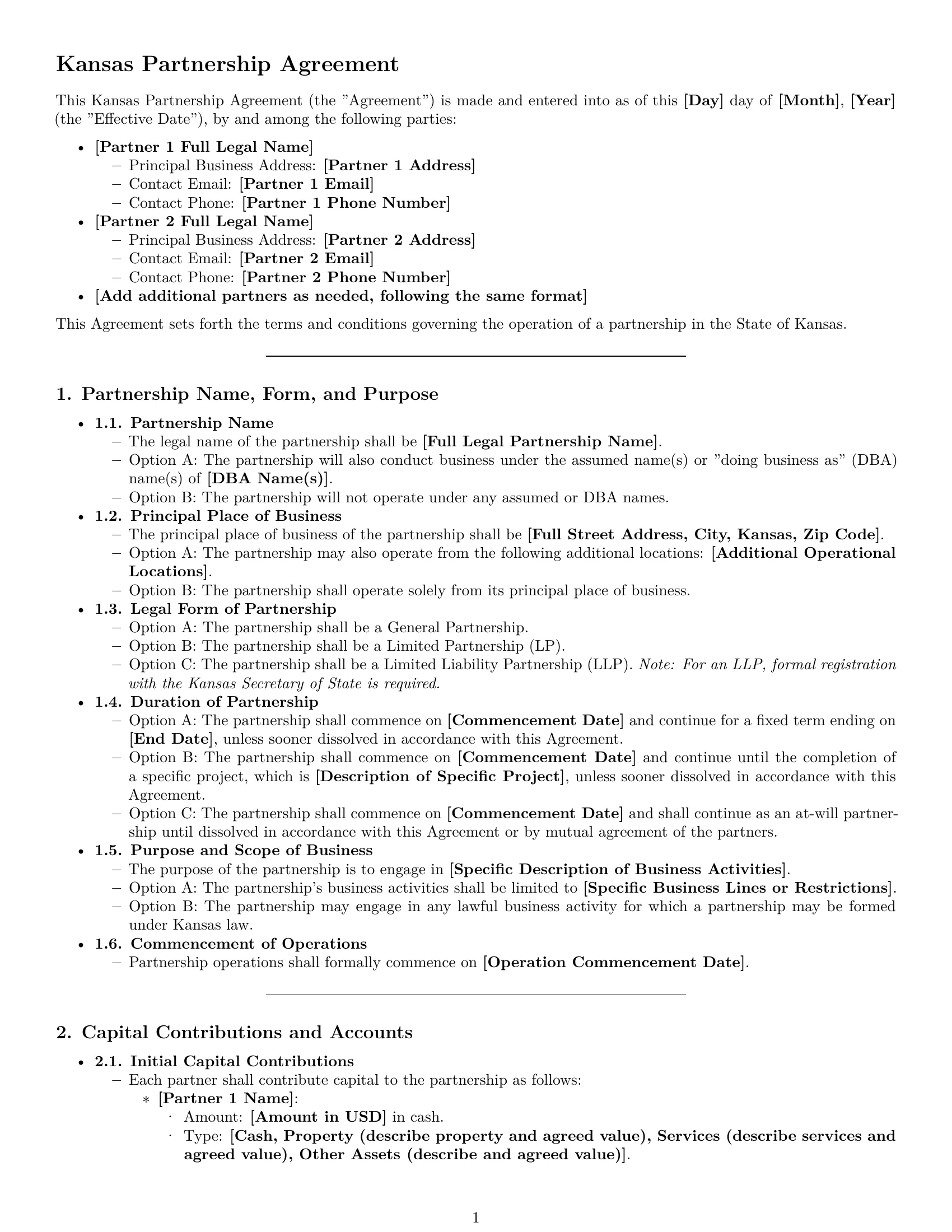 Preview page 1 of Pro Kansas partnership agreement template