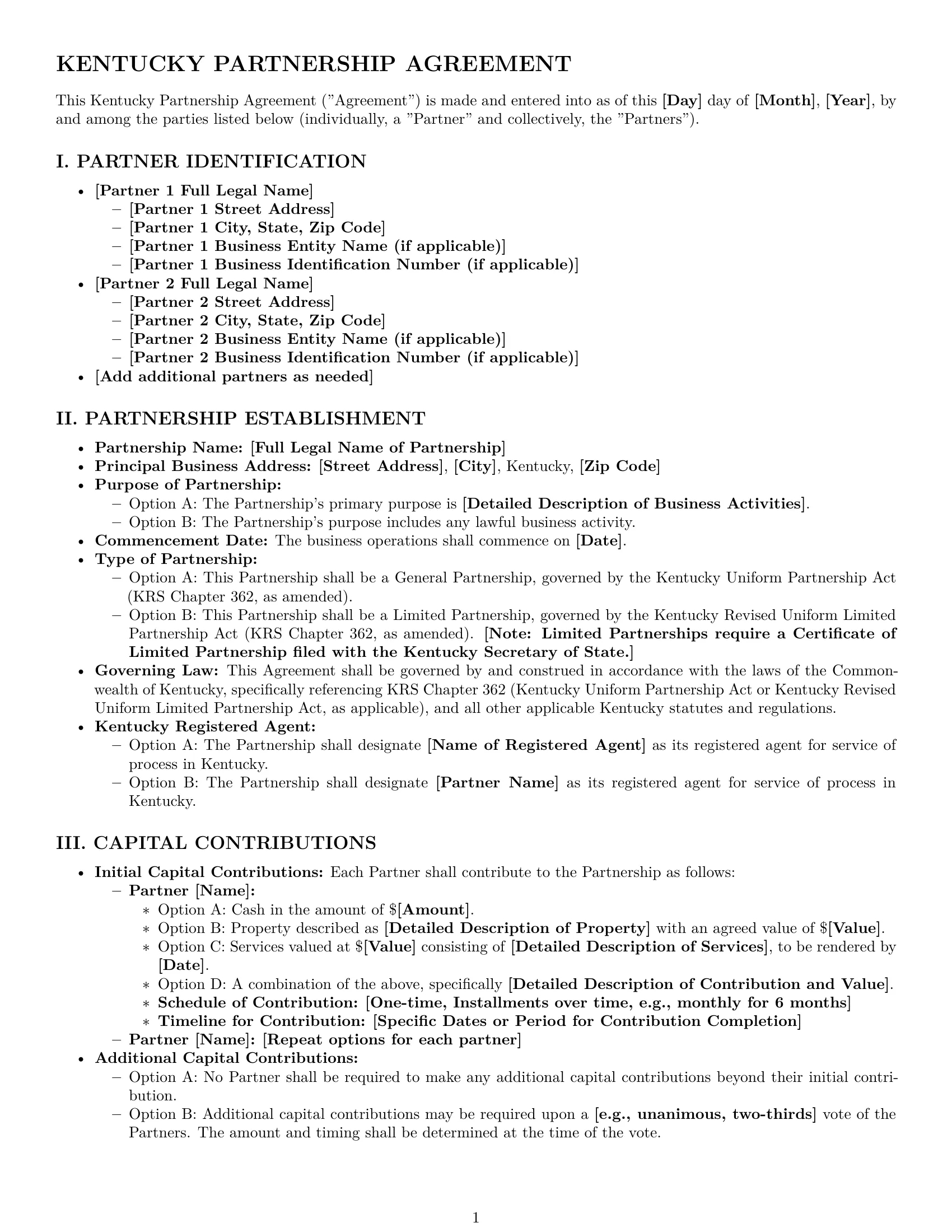 Preview page 1 of Pro Kentucky partnership agreement template